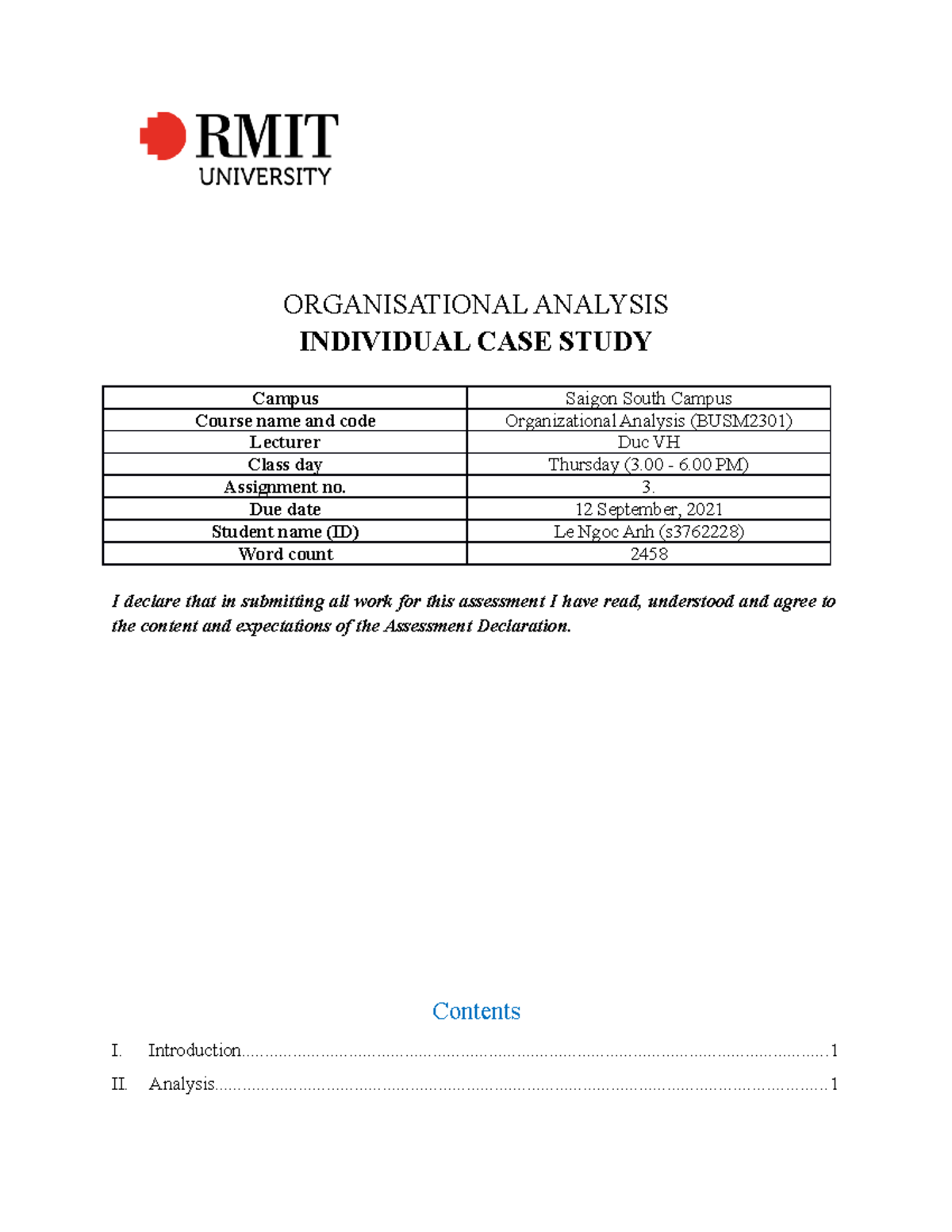 critical organisational analysis assignment