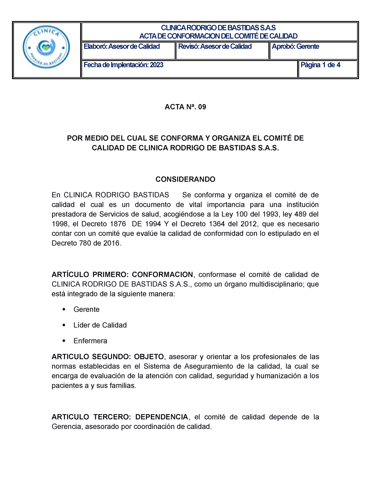 ACTA DE Conformacion Calidad - ACTA DE CONFORMACION DEL COMITÉ DE ...