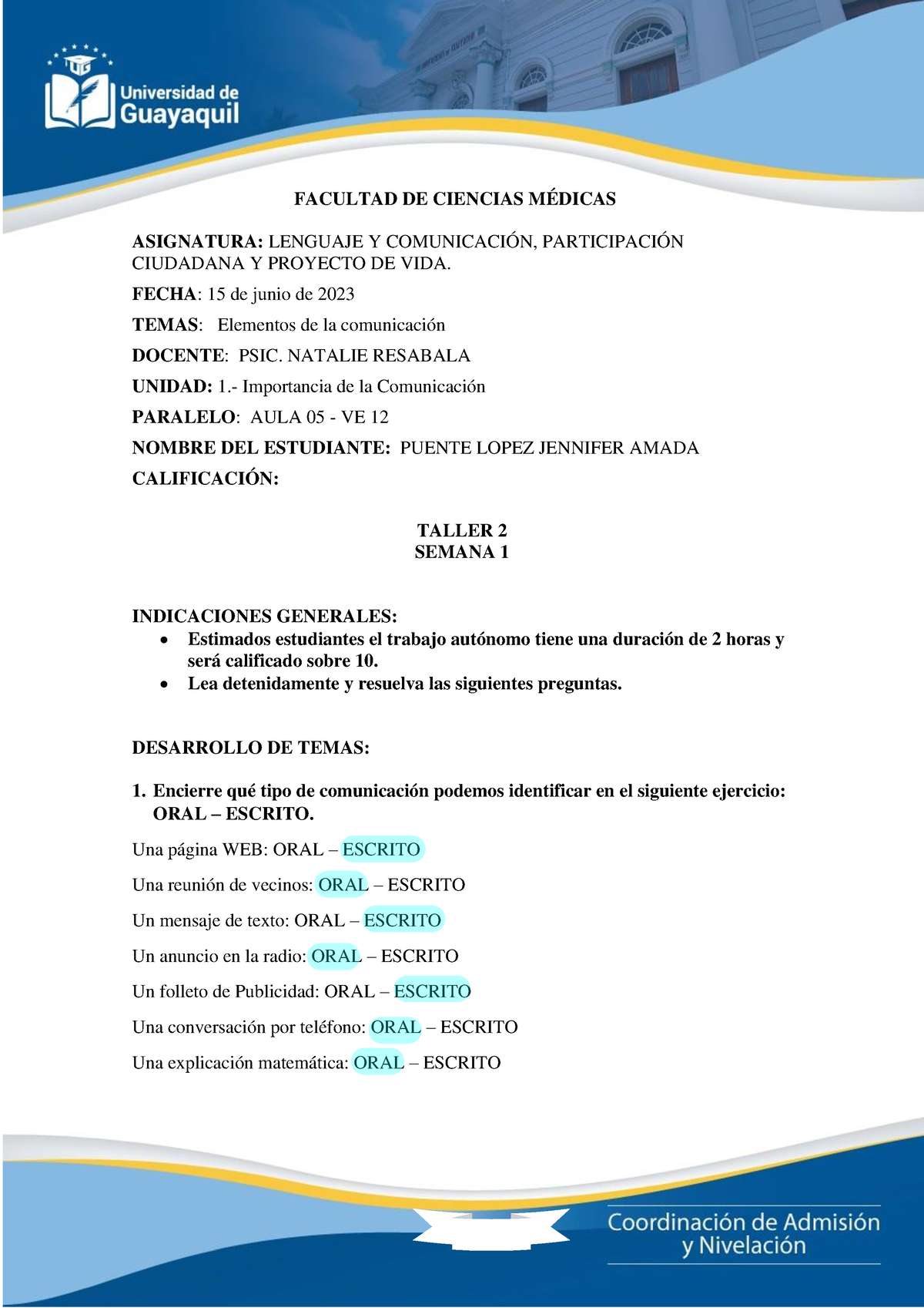 S1 - U1 - Clase 2 - Taller - Puente Jennifer - FACULTAD DE CIENCIAS ...