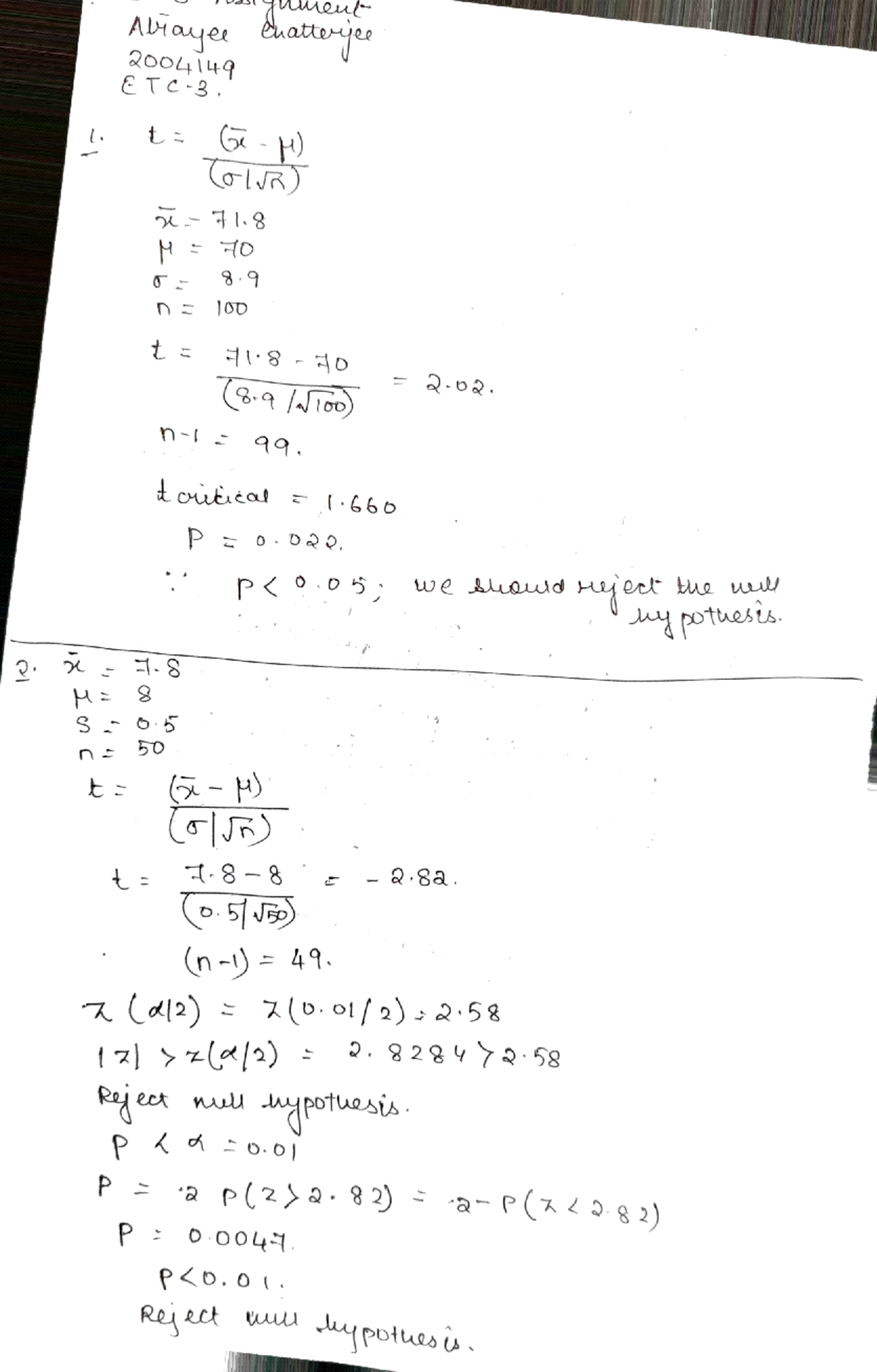 Inferential Statistics Assignment - 20014 O,cr wu