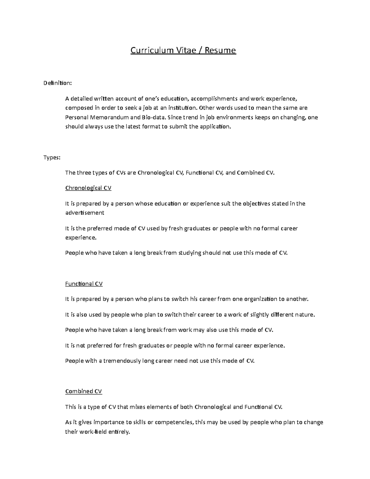 Unit 8 CV Resume - Semester 1 - Curriculum Vitae / Resume Definition: A ...