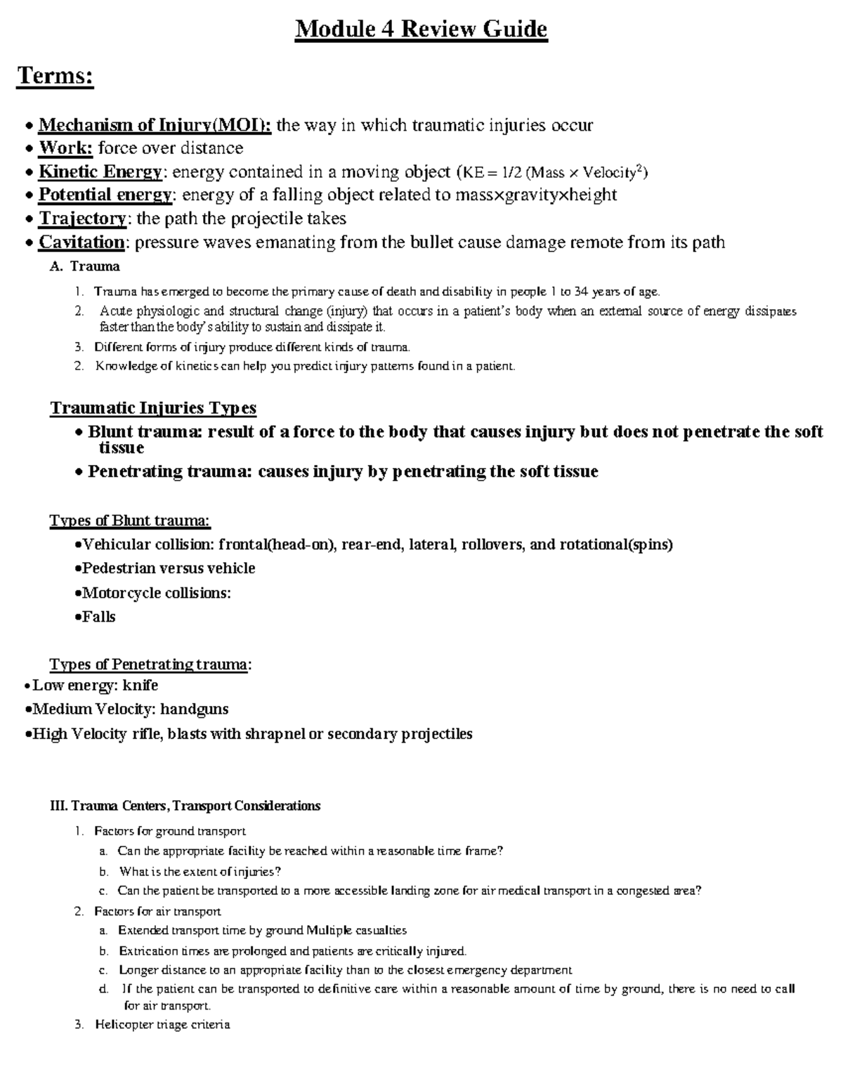 AEMT Module IV Review Guide - Module 4 Review Guide Terms: Mechanism Of ...