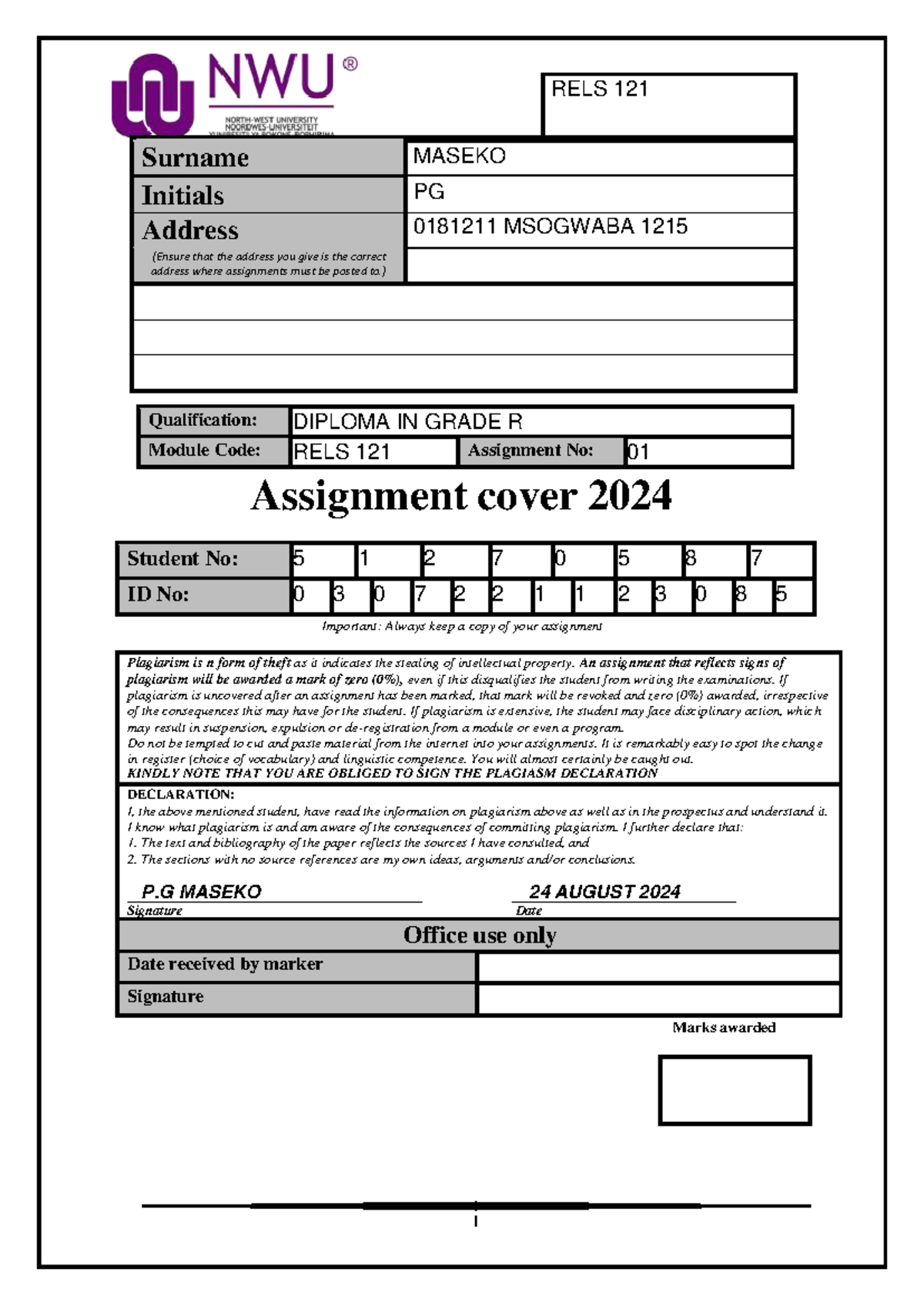 RELS 121 Assignment 2024 - RELS 121 Surname MASEKO Initials PG Address ...