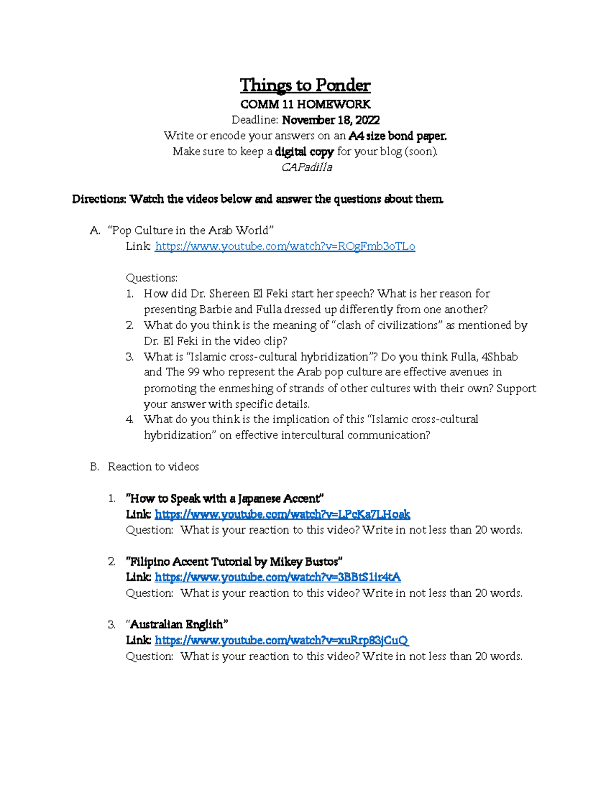 COMM-11- Homework - Yeah - Things to Ponder COMM 11 HOMEWORK Deadline ...