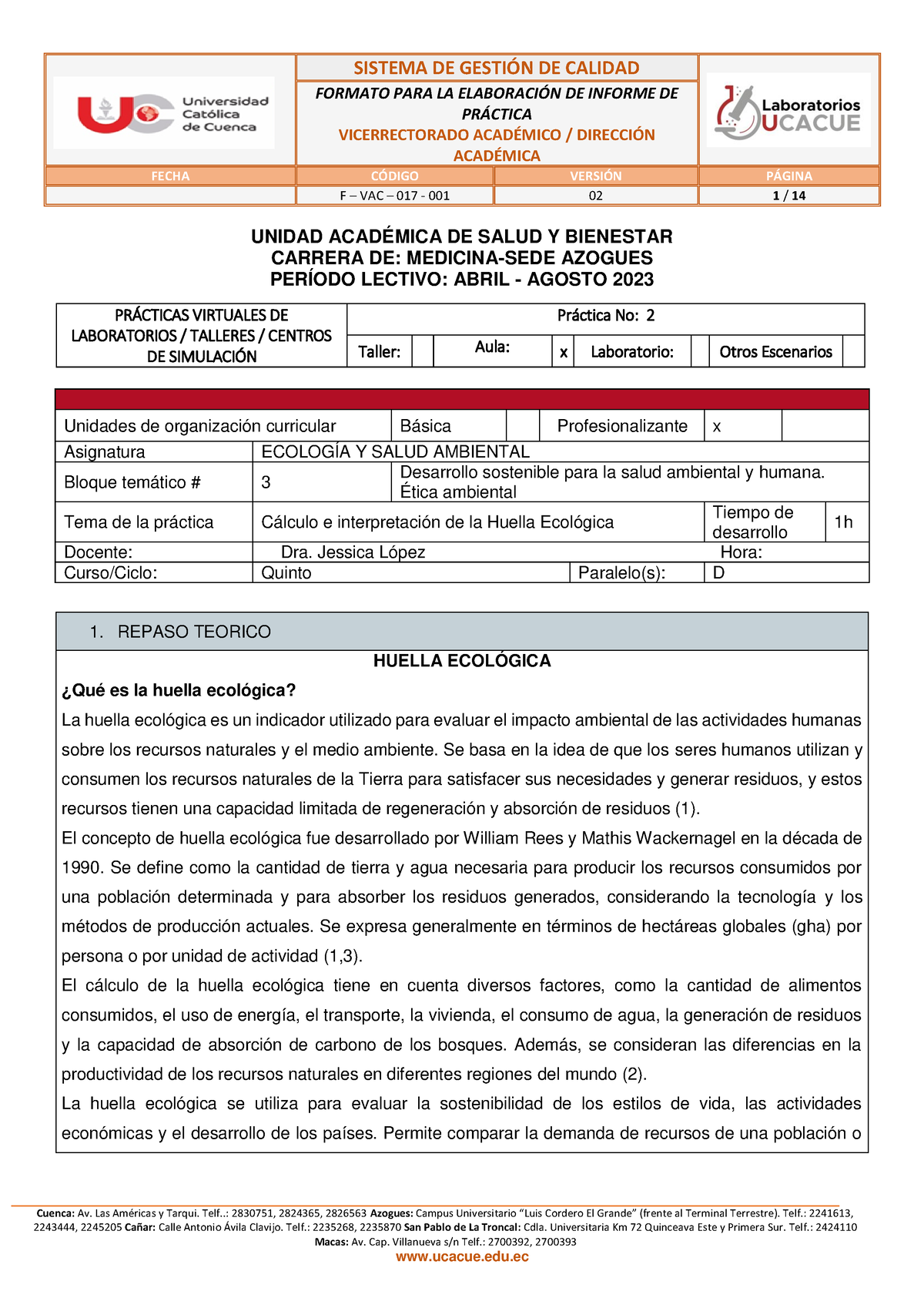 Huella Ecologica - FORMATO PARA LA ELABORACI”N DE INFORME DE PR¡CTICA ...