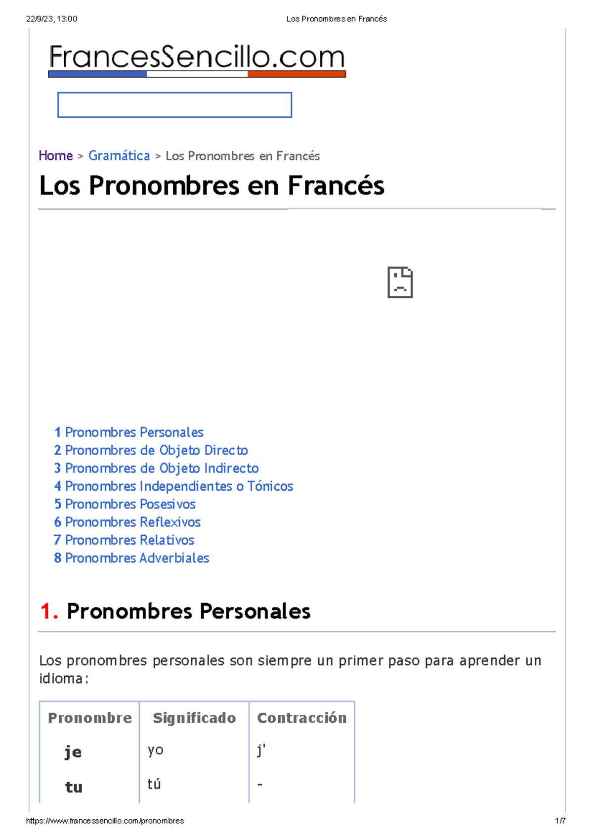 Los Pronombres En Francés - 1 Pronombres Personales 2 Pronombres De ...