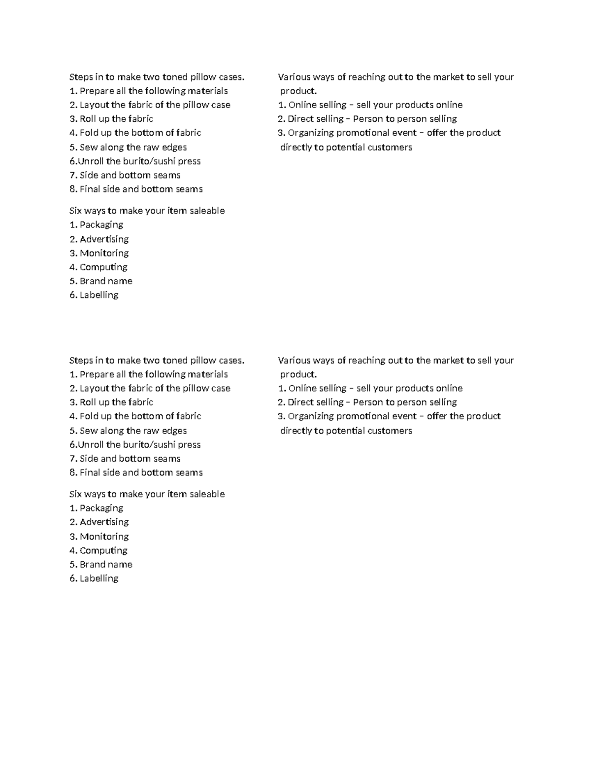 Steps in to make two toned pillow cases Various ways of reaching out to the market to sell