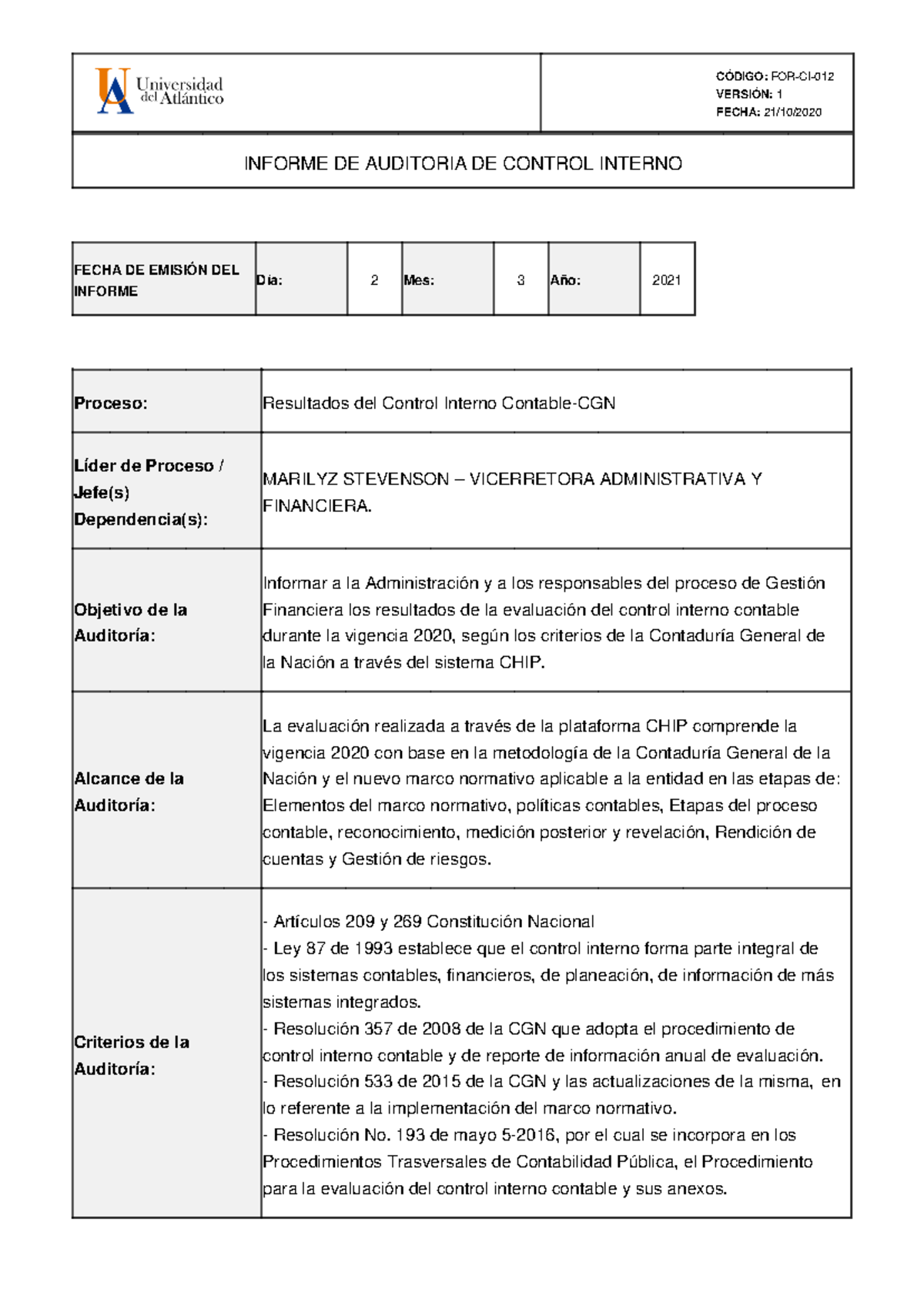 Informe Ejecutivo DE Control Interno Contable - CÓDIGO: FOR-CI- VERSIÓN ...