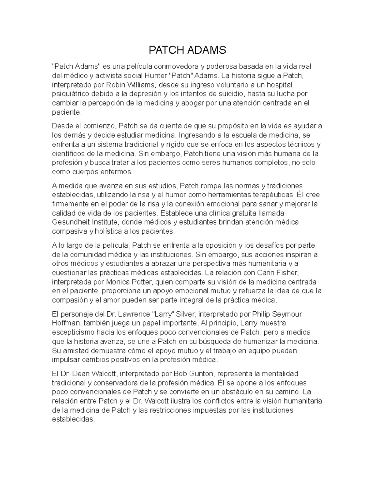 Patch Adams (resumen) - PATCH ADAMS 