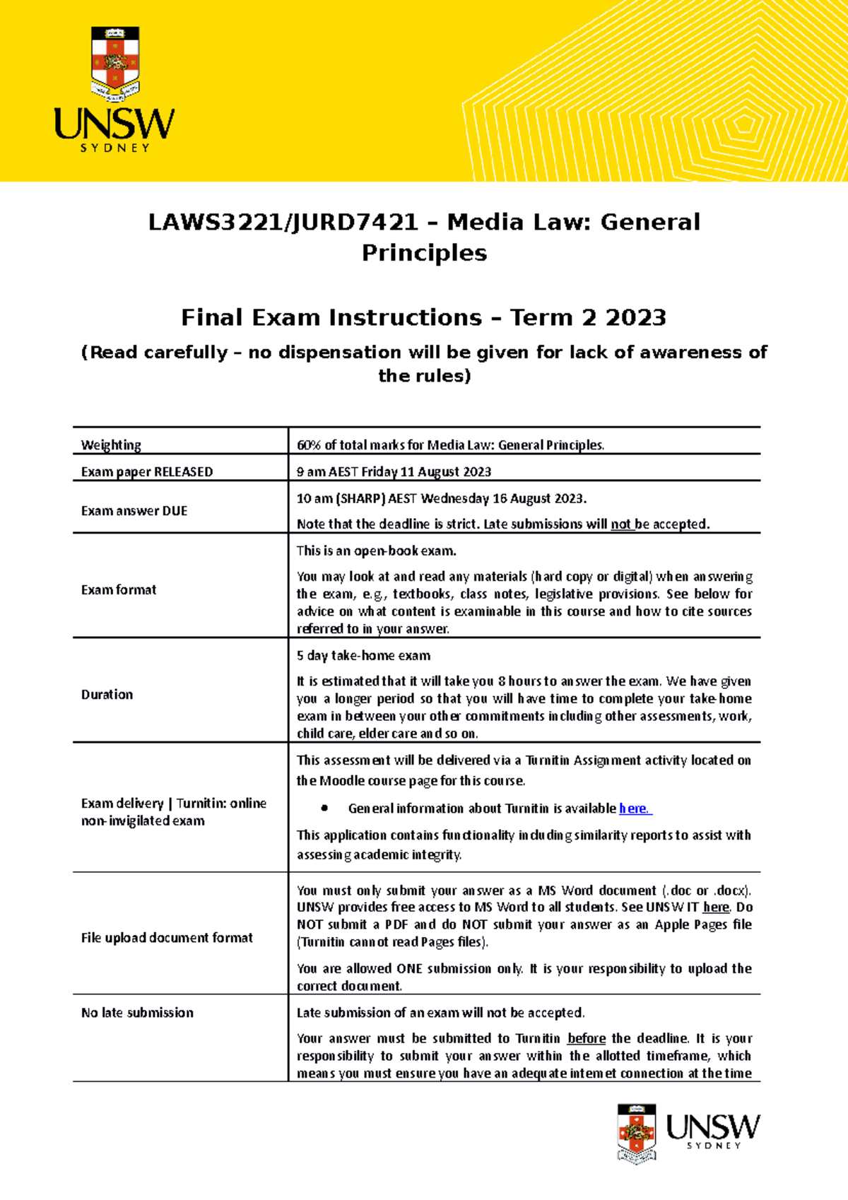 Media Law Take Home Instructions T2 2023 - LAWS3221/JURD7421 – Media ...