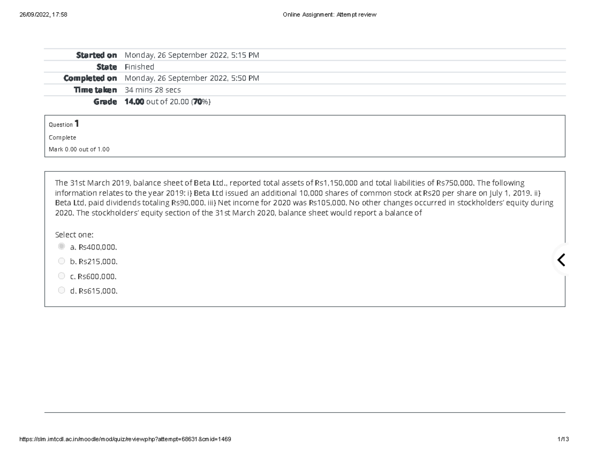 Online Assignment Attempt review - Started on Monday, 26 September 2022 ...