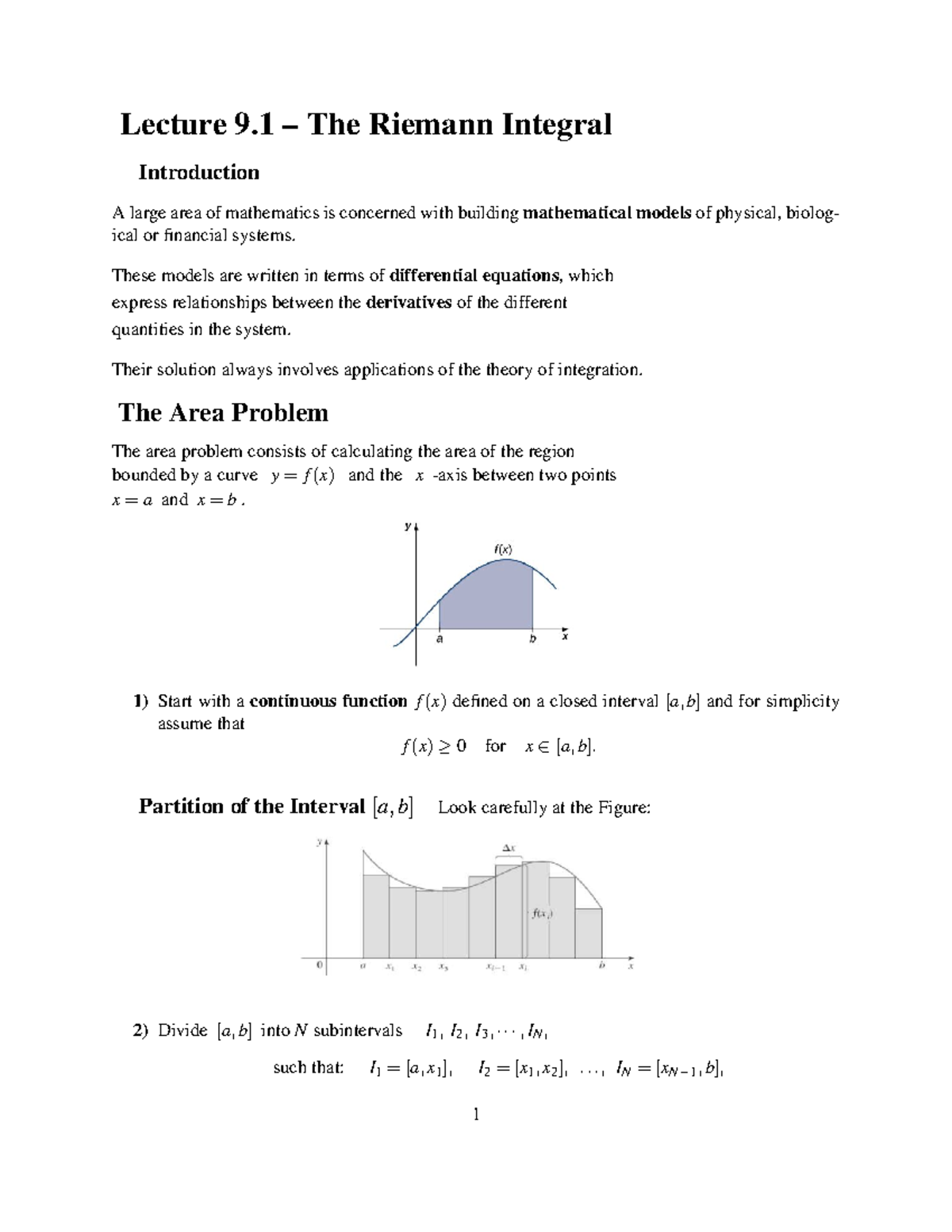 Summary Handout 9 - Lecture 9 – The Riemann Integral Introduction A ...