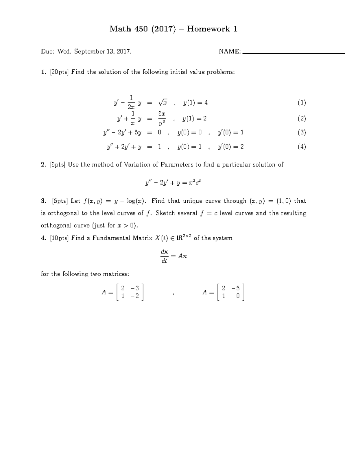 M450 2017-2018 Homework 1 - Math 450 (2017) – Homework 1 Due: Wed ...