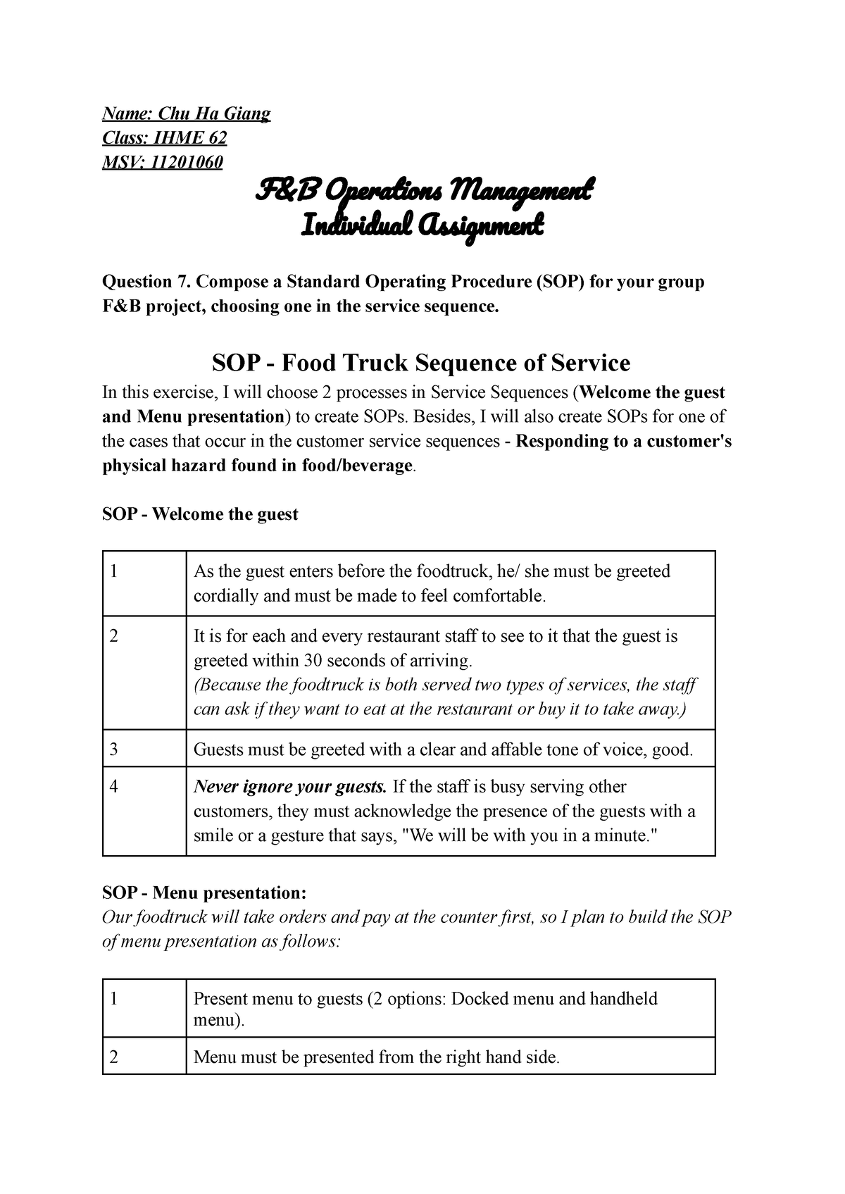 F&B - Assignment - Name: Chu Ha Giang Class: IHME 62 MSV: 11201060 F&B ...