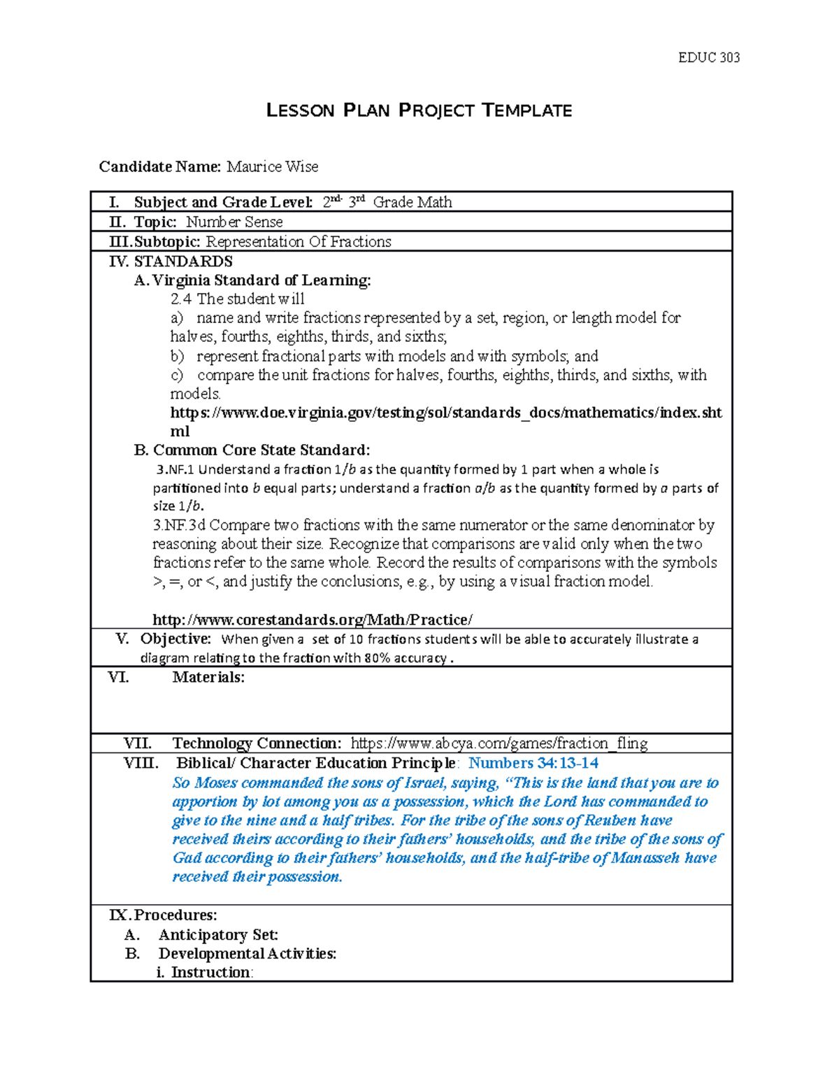 Lesson Plan Project-1 - EDUC 303 LESSON PLAN PROJECT TEMPLATE Candidate ...