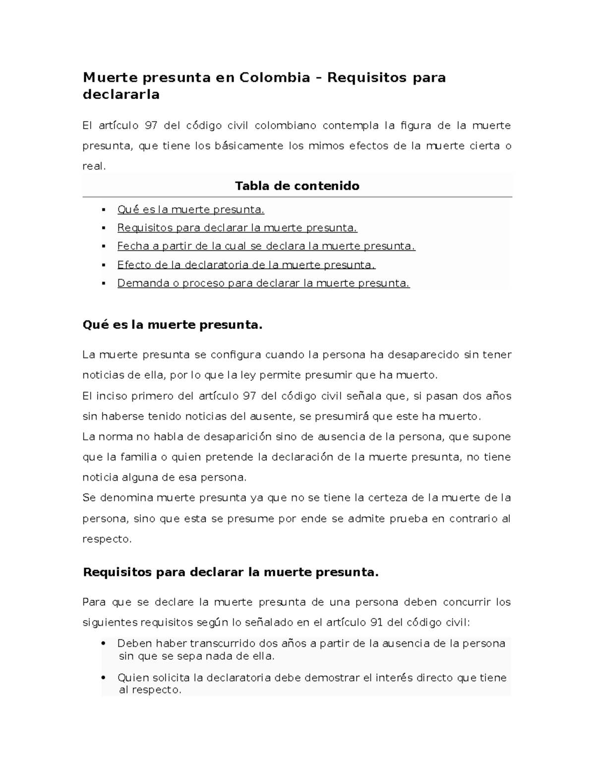 Muerte presunta en Colombia - Tabla de contenido Qué es la muerte
