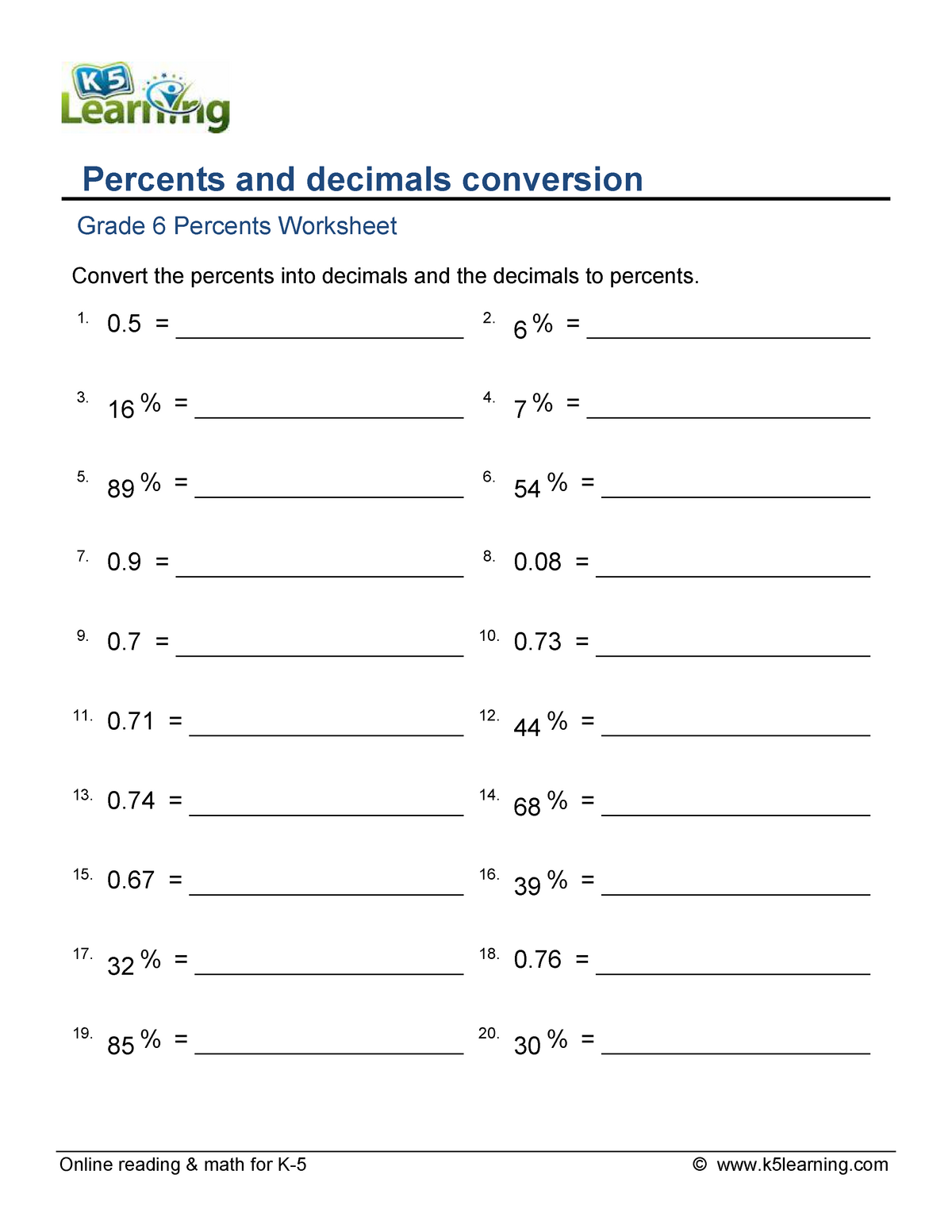 Grade 6 decimals to percents vice versa b - Online reading & math for K ...