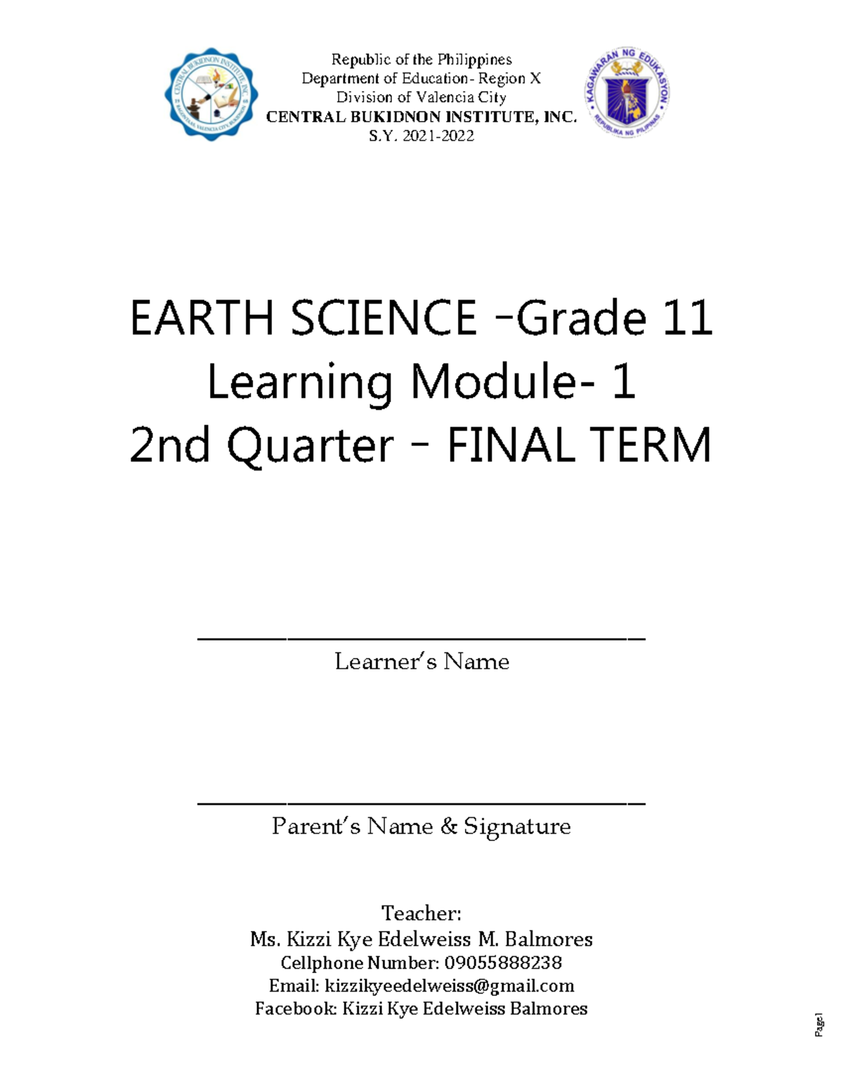 Earthscience 11-F1M1 - Republic of the Philippines Department of ...