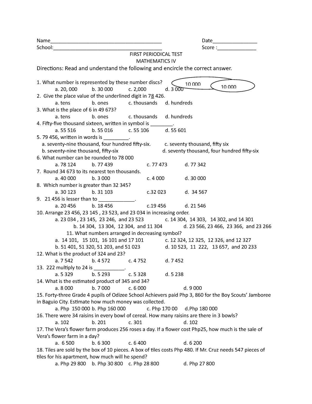 PT MATH 4 Q1 MATH EXAM GRADE 4 Name 