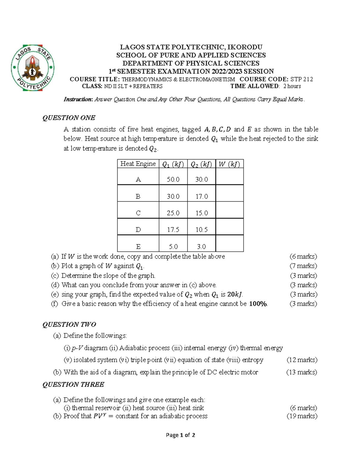 2023 Full-Time (STP 212) - Page 1 of 2 LAGOS STATE POLYTECHNIC, IKORODU ...
