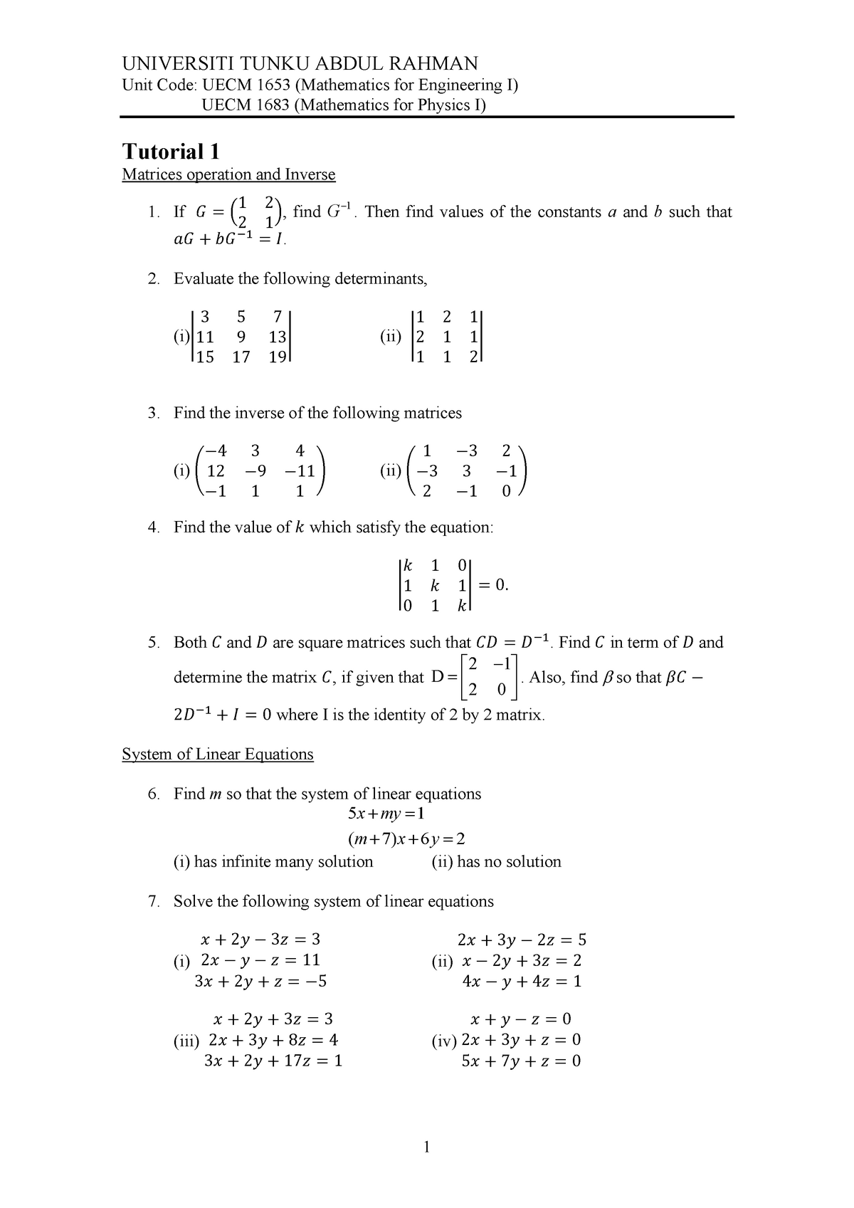 Tut 1 Linear Algebra Studocu