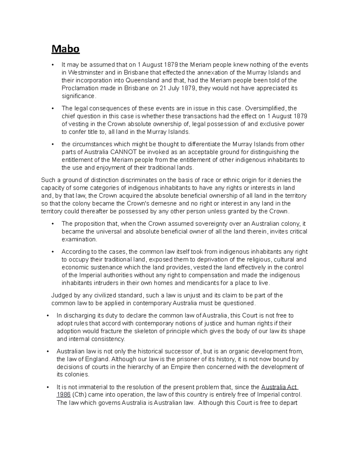 Mabo and Love Case Analysis Based on the highly important cases of Mabo v Queensland and Love v