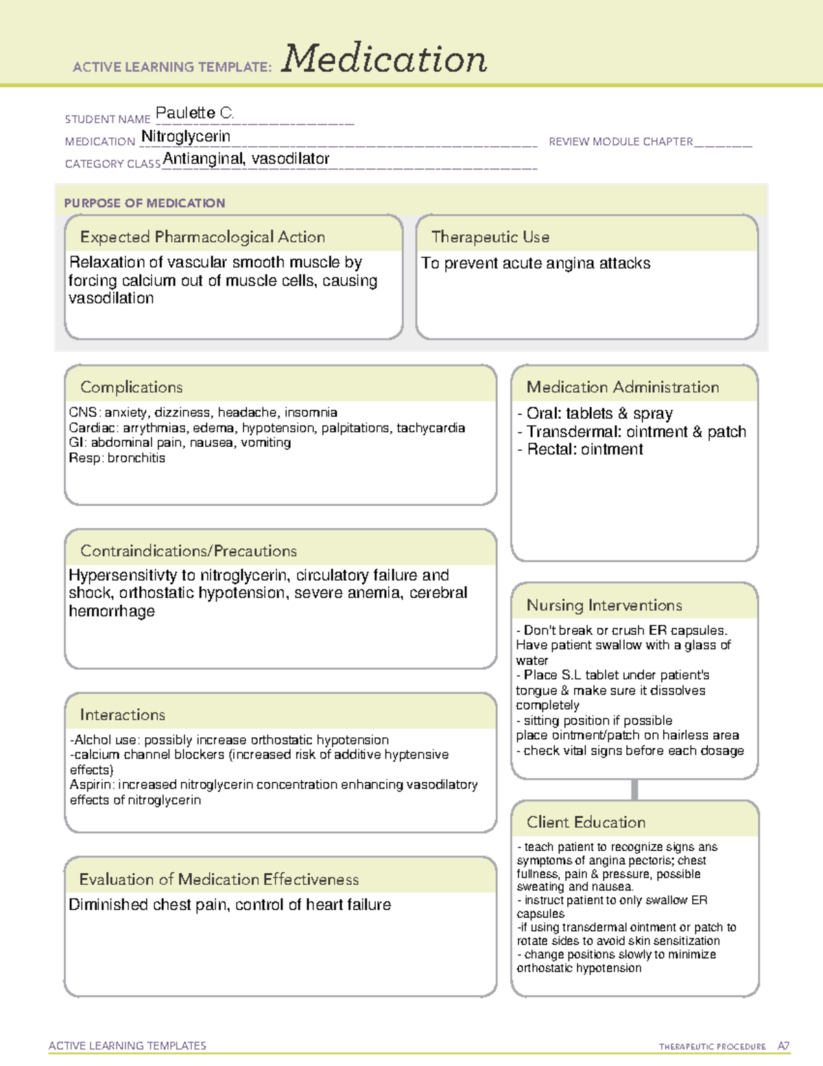 Drug card - nitroglycerin (lab) 2 - ACTIVE LEARNING TEMPLATES ...