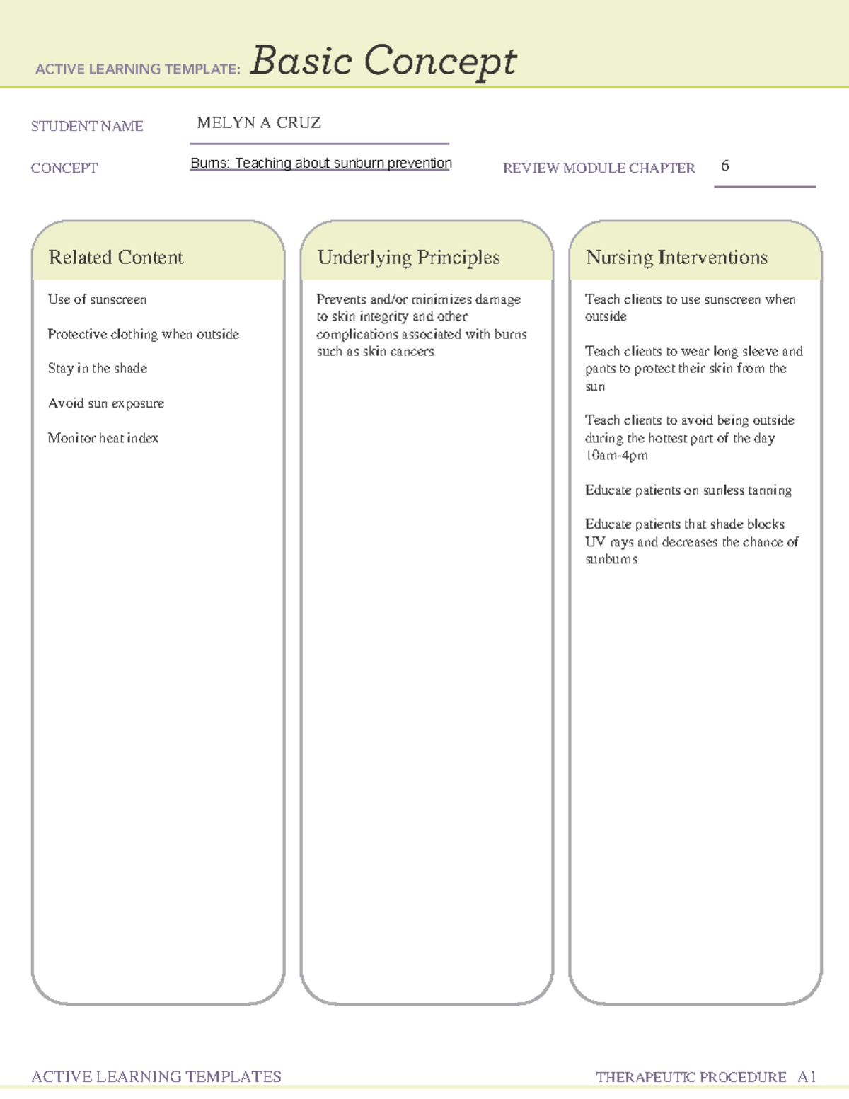 Sunburns - ATI templates and testing material. - STUDENT NAME MELYN A ...