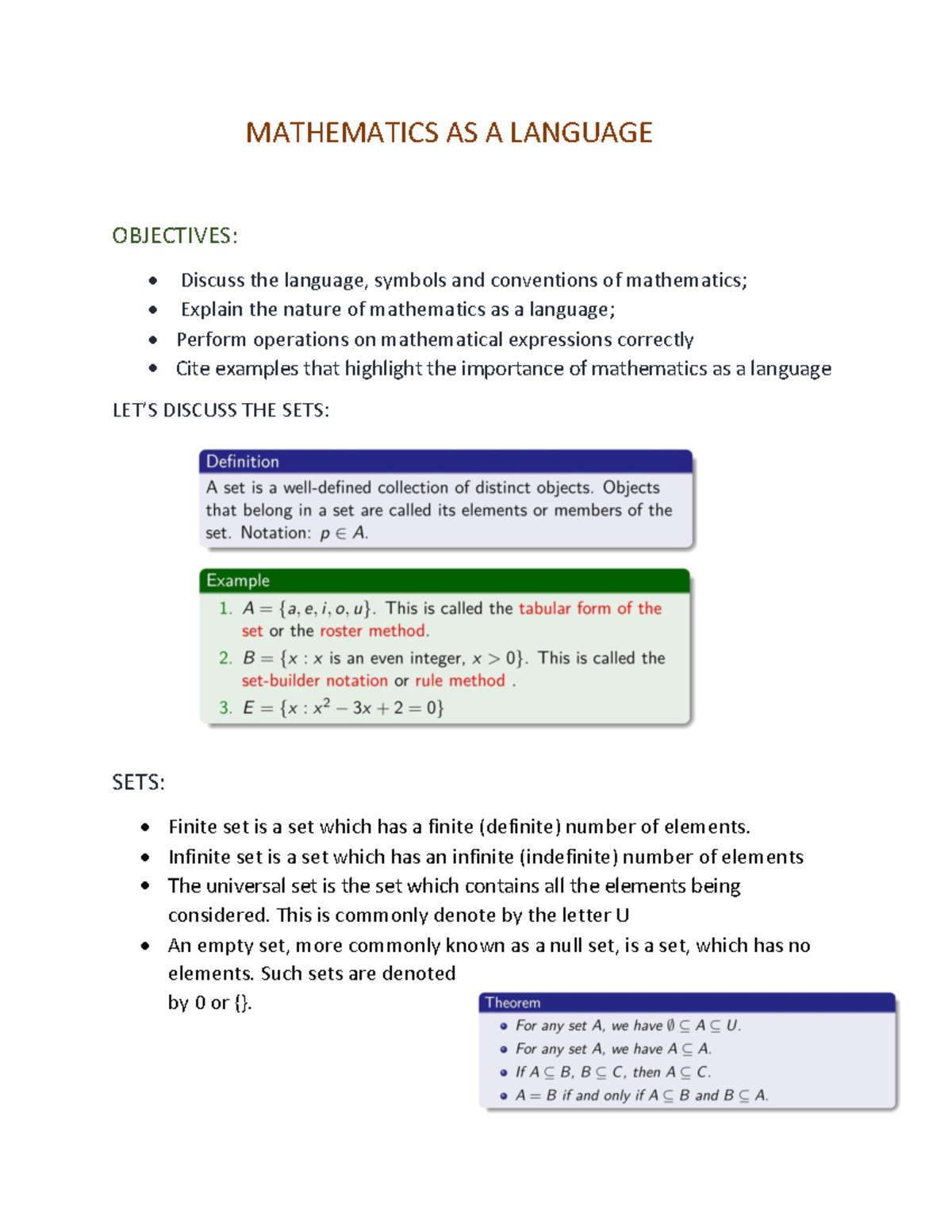 Mathematics AS A Language - MATHEMATICS AS A LANGUAGE OBJECTIVES ...