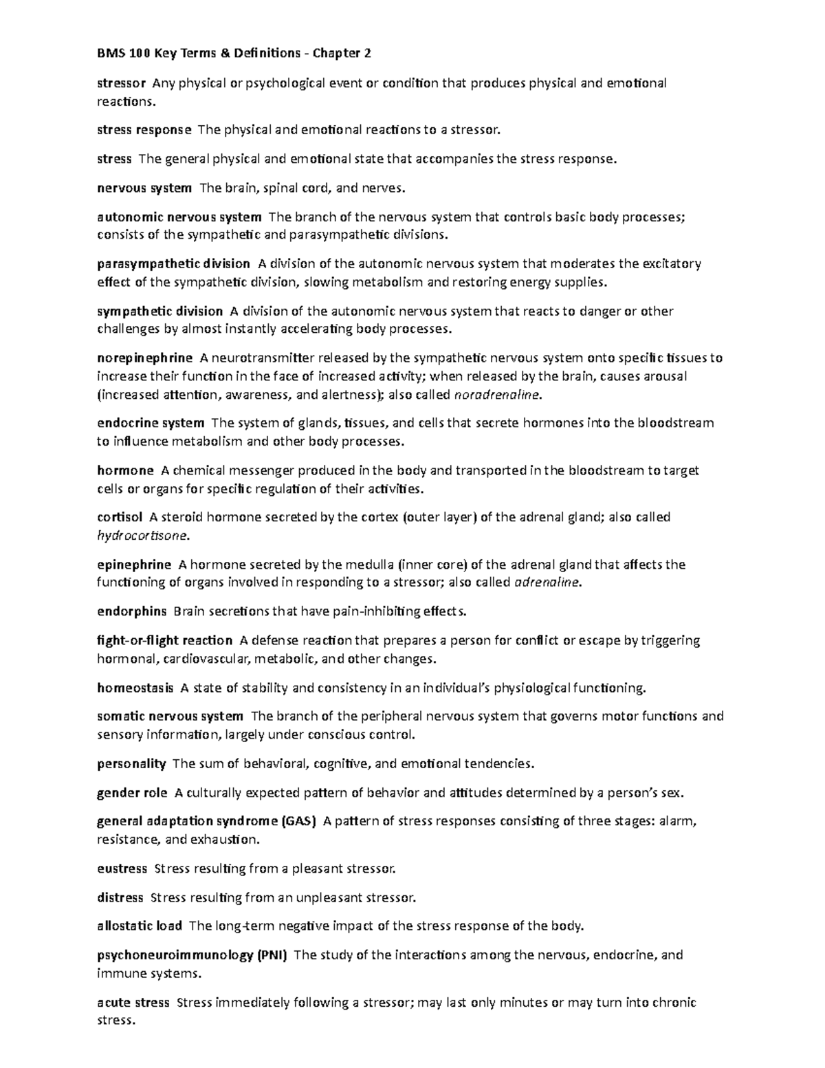 BMS 100 Ch. 2 Terms - BMS 100 Key Terms & Definitions - Chapter 2 - Studocu