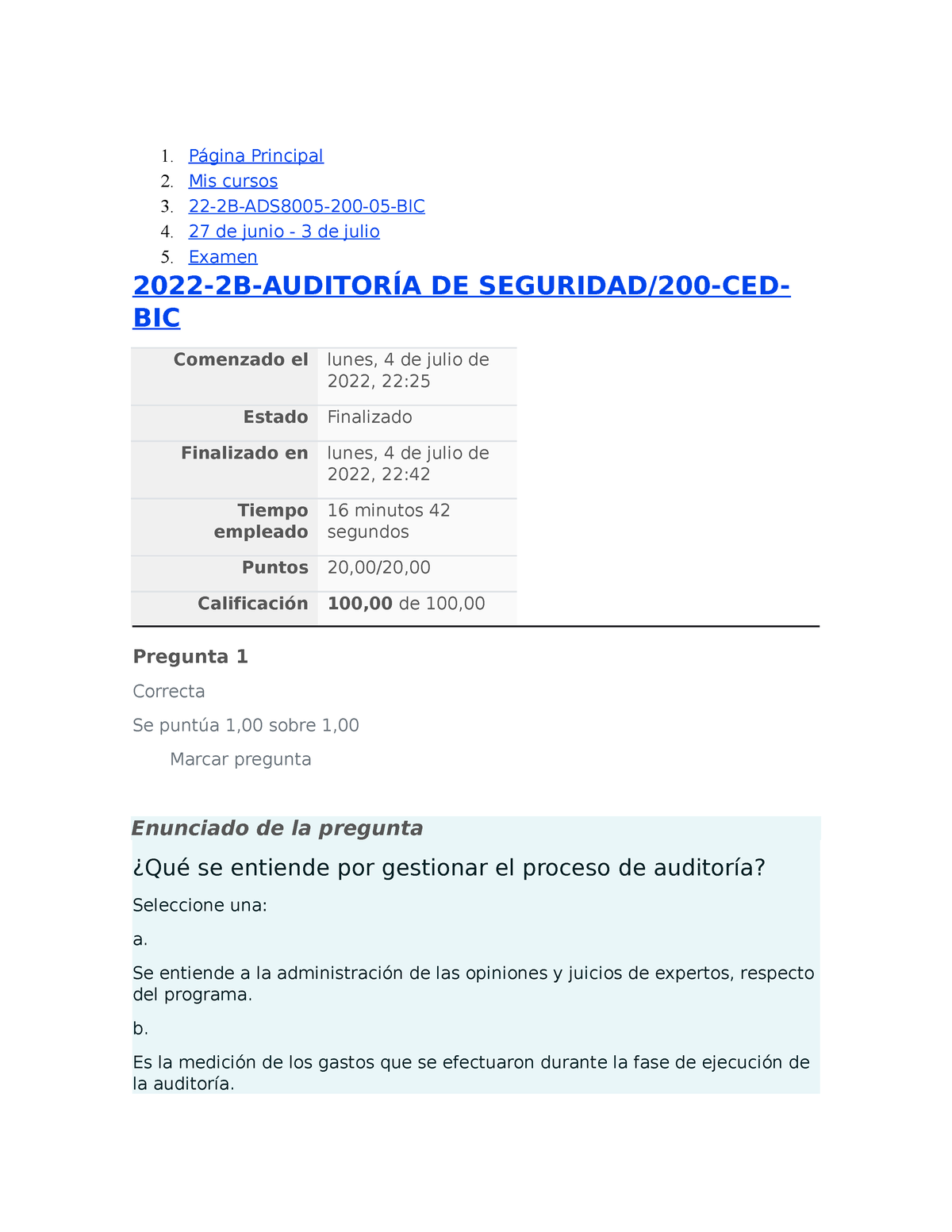 Examen Auditoria De Seguridad-1 - 1. Página Principal 2. Mis Cursos 3 ...