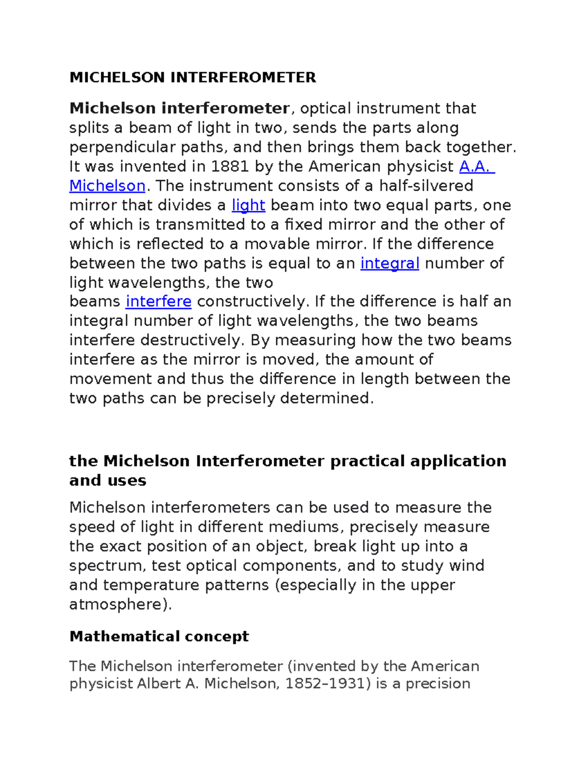 Michelson Interferometer AND ITS USES - MICHELSON INTERFEROMETER ...