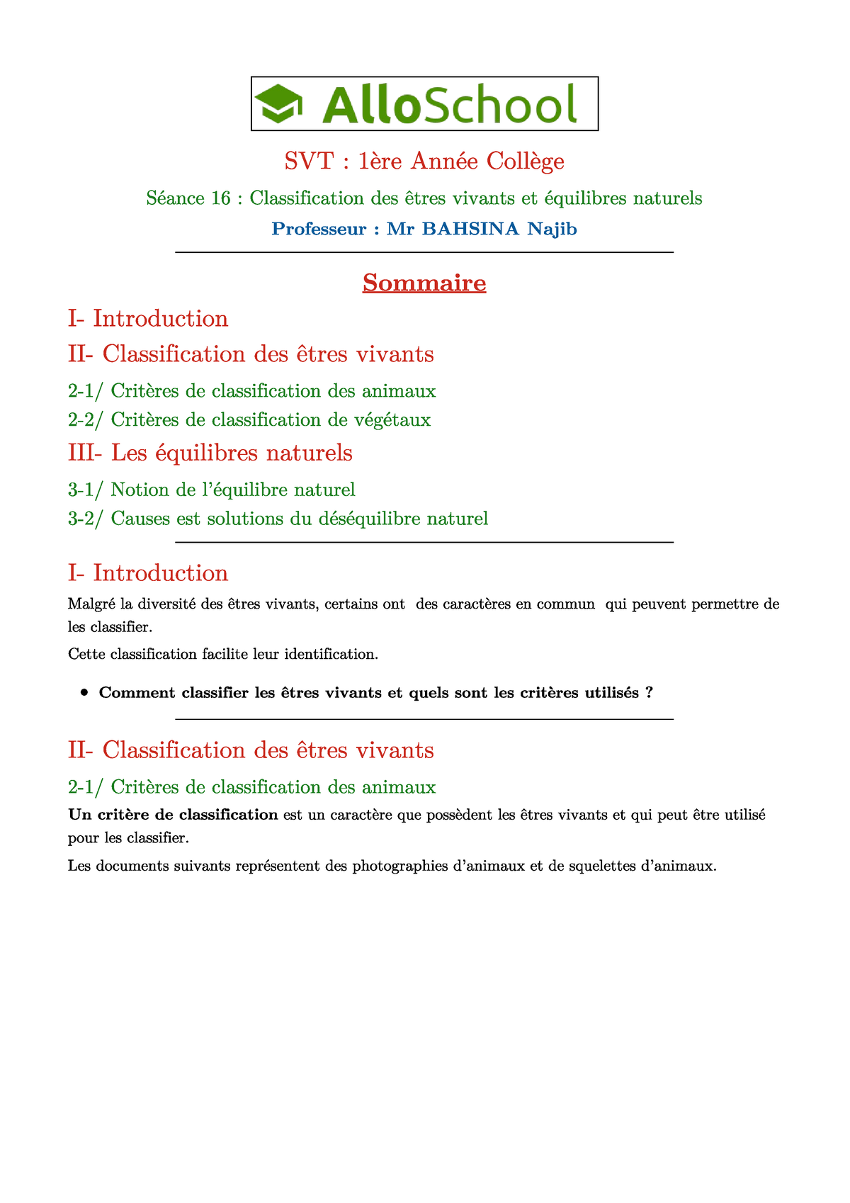 Seance 16 Classification Des Etres Vivants Et Equilibres Naturels ...