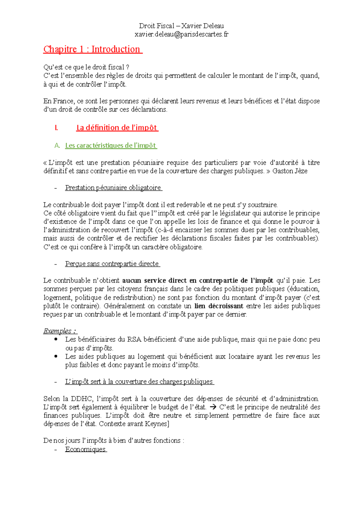 Cours droit Fiscal - xavier@parisdescartes Chapitre 1 : Introduction Qu ...