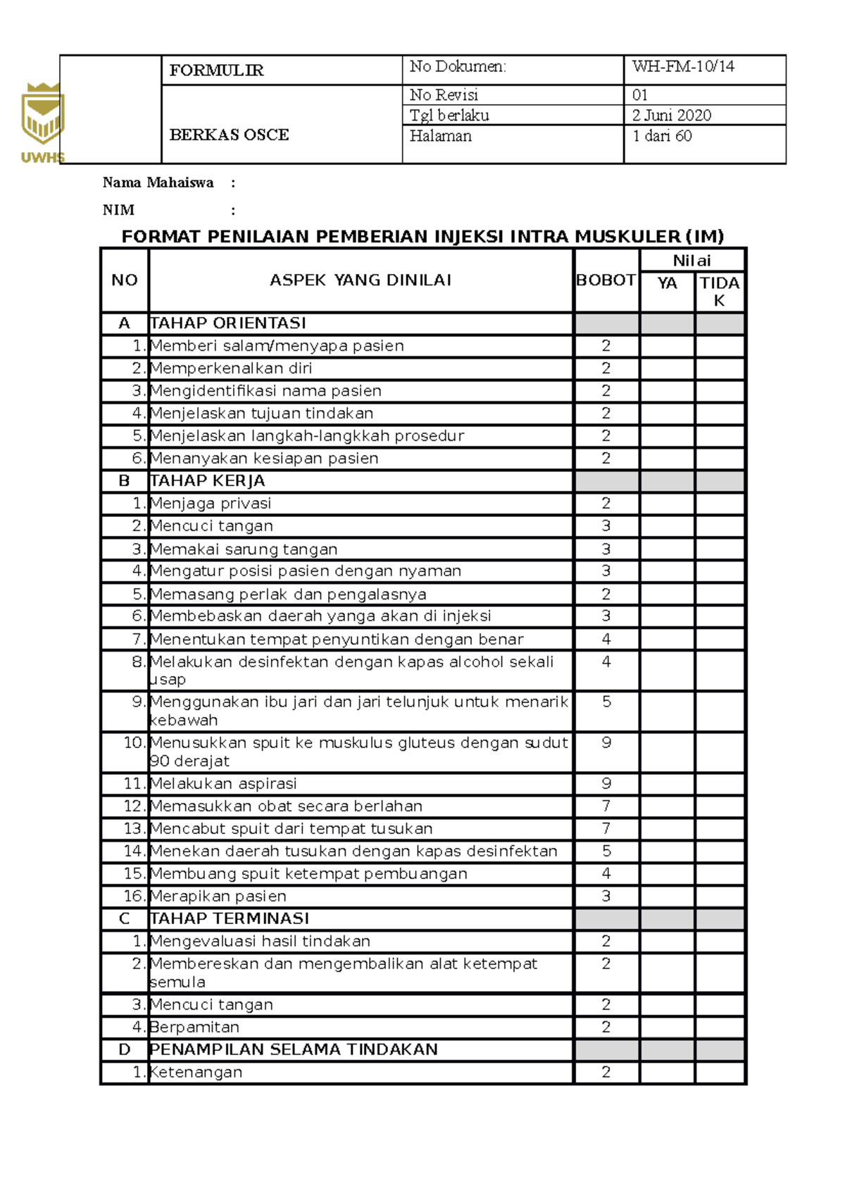 Tool Halu Nama Mahaiswa Nim Format Penilaian Pemberian Injeksi