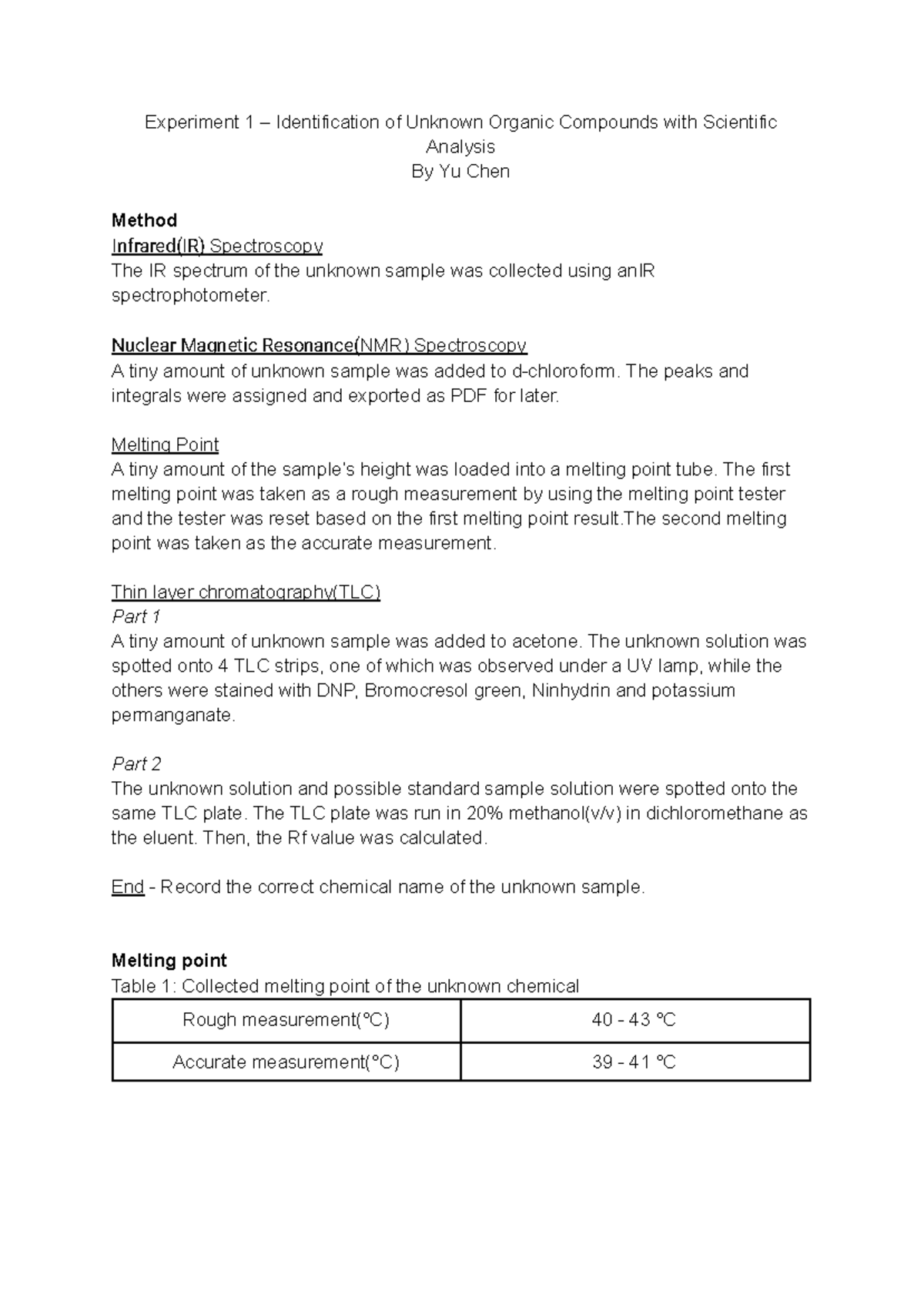 E1 lab reprot - Lab reports - Experiment 1 – Identification of Unknown ...