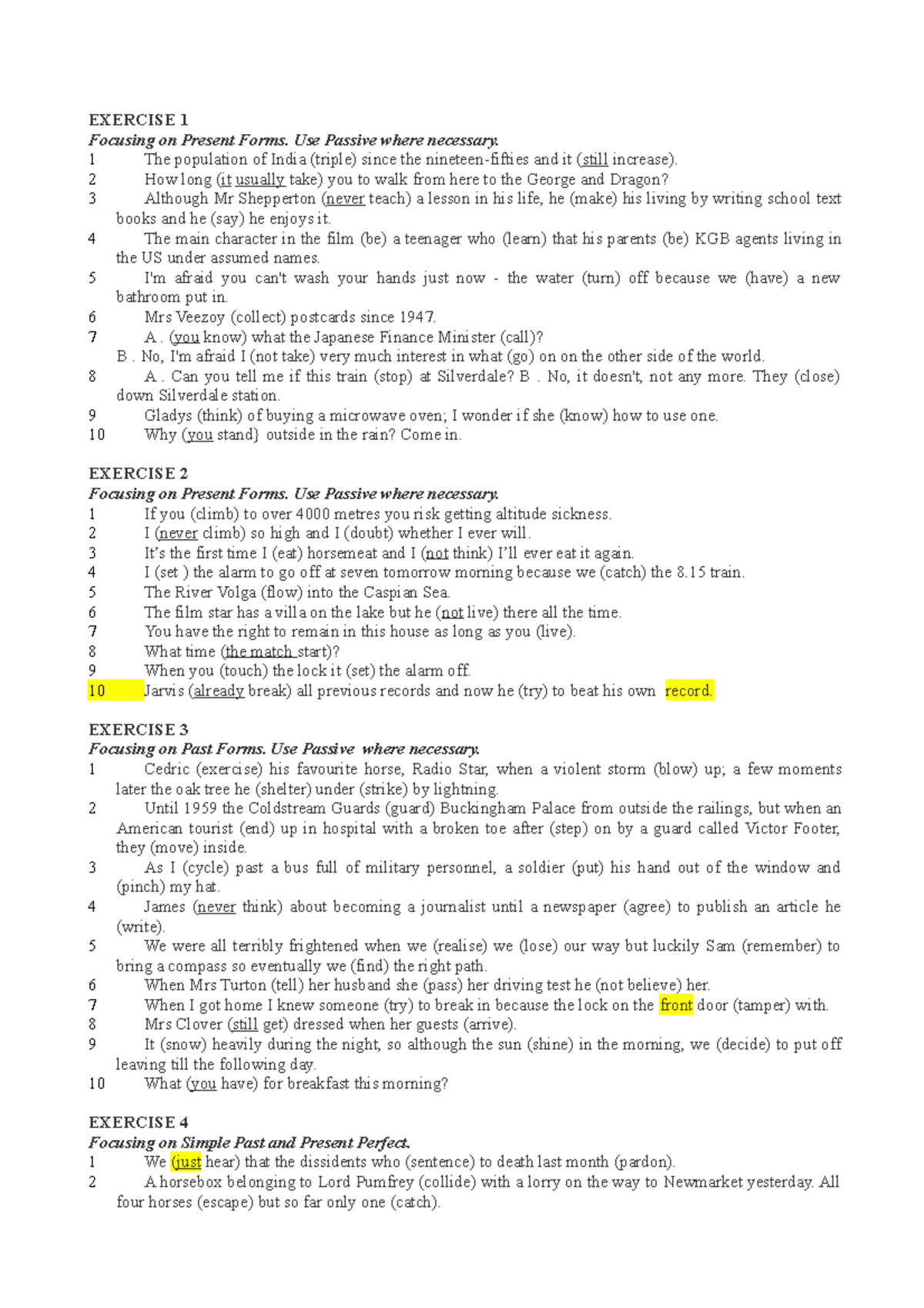 Verb exercises Verb exercise per esercitazioni in lingua inglese