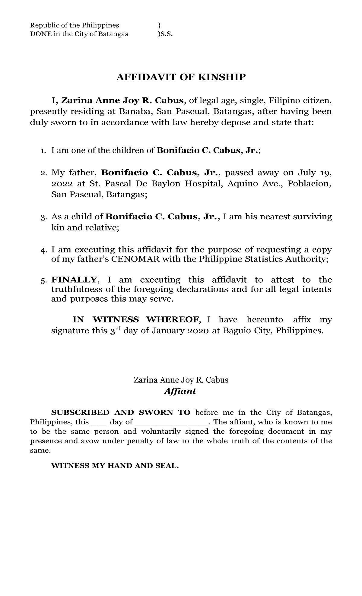 Affidavit of kinship sample Compress Republic Of The Philippines 