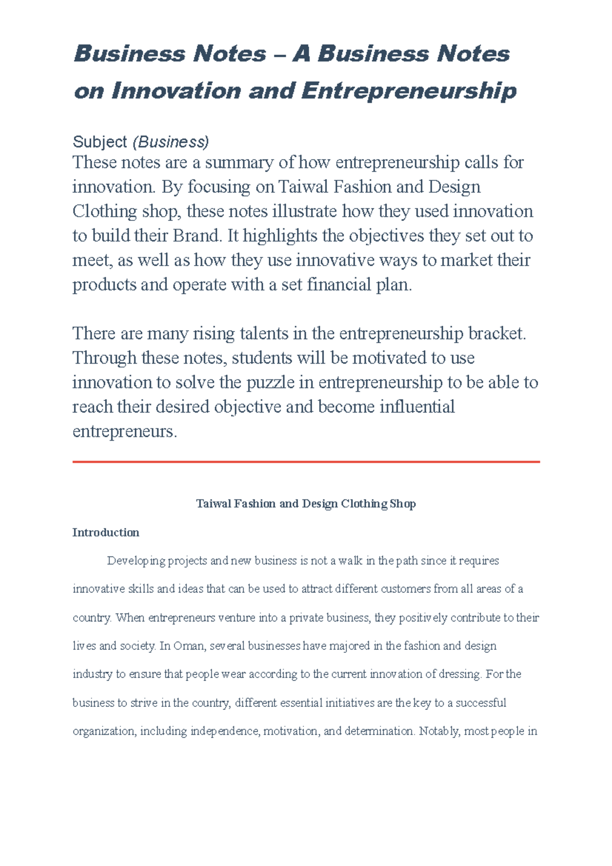 Innovation and Entrepreneurship - Business Notes – A Business Notes on ...