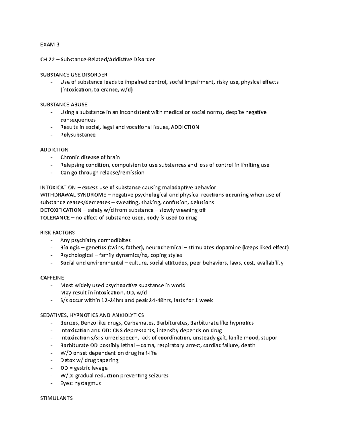 EXAM 3 - Pysch - EXAM 3 CH 22 – Substance-Related/Addictive Disorder ...