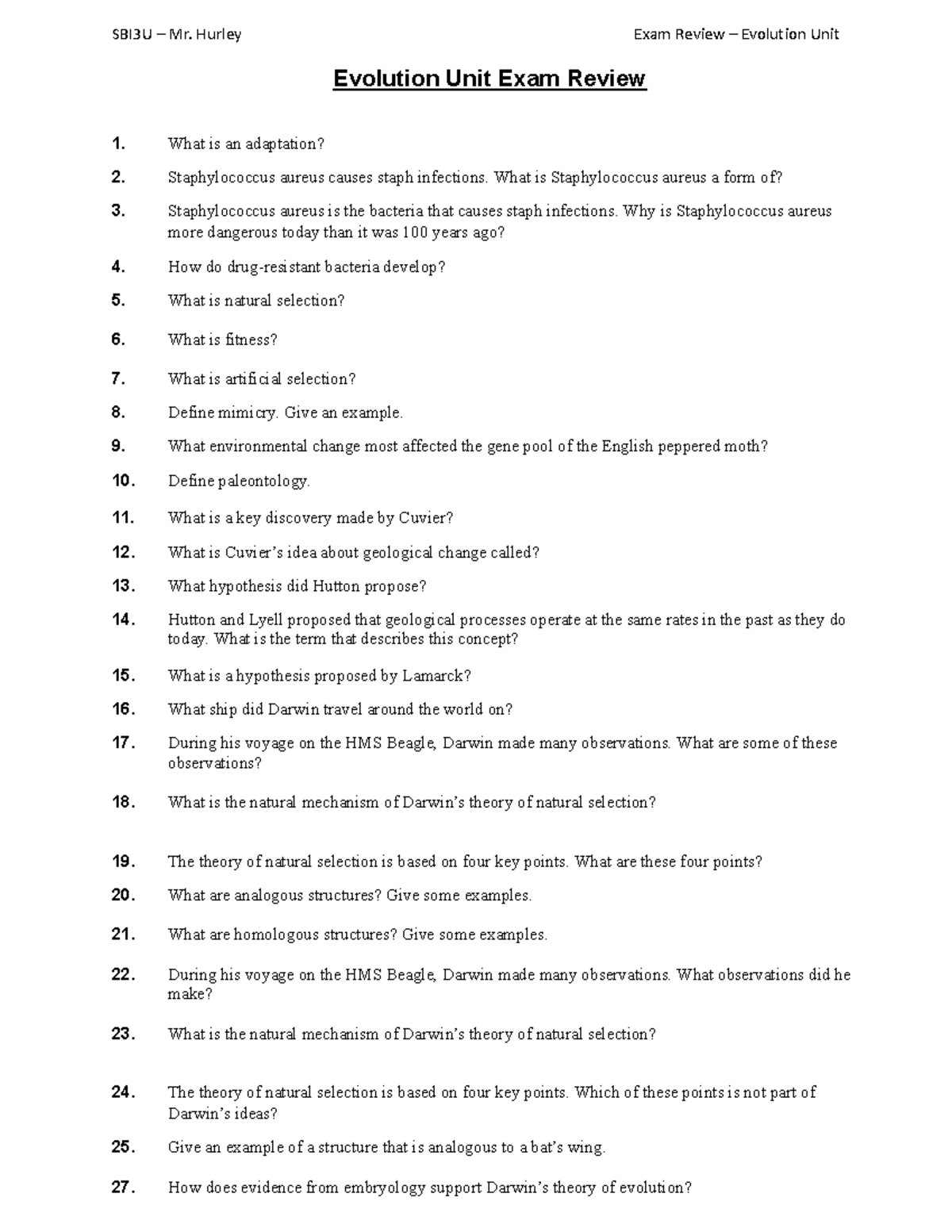 Evolution Exam Review 2023 - SBI3U – Mr. Hurley Exam Review – Evolution ...
