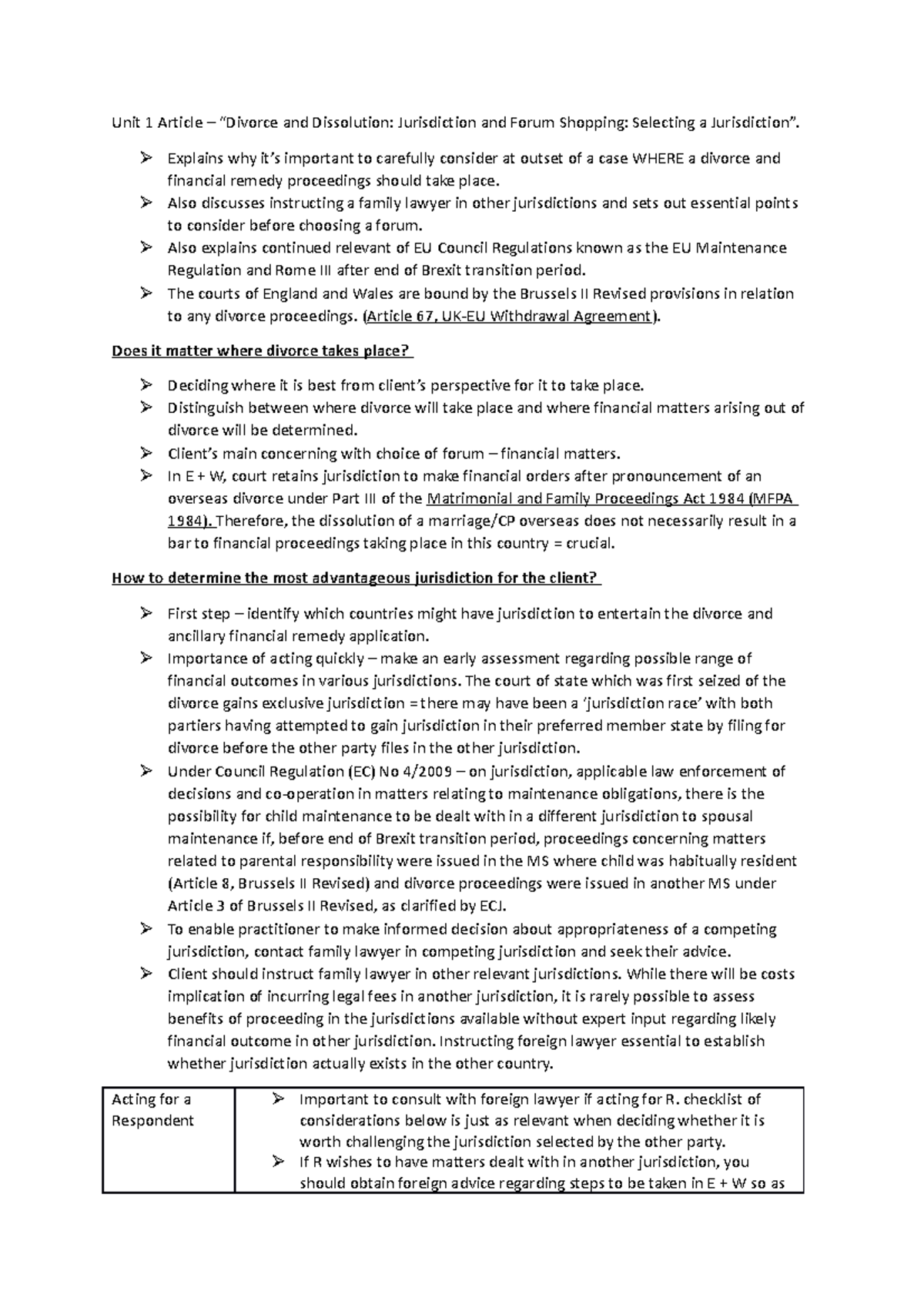 Article Notes from PLC - Unit 1 Article – “Divorce and Dissolution ...