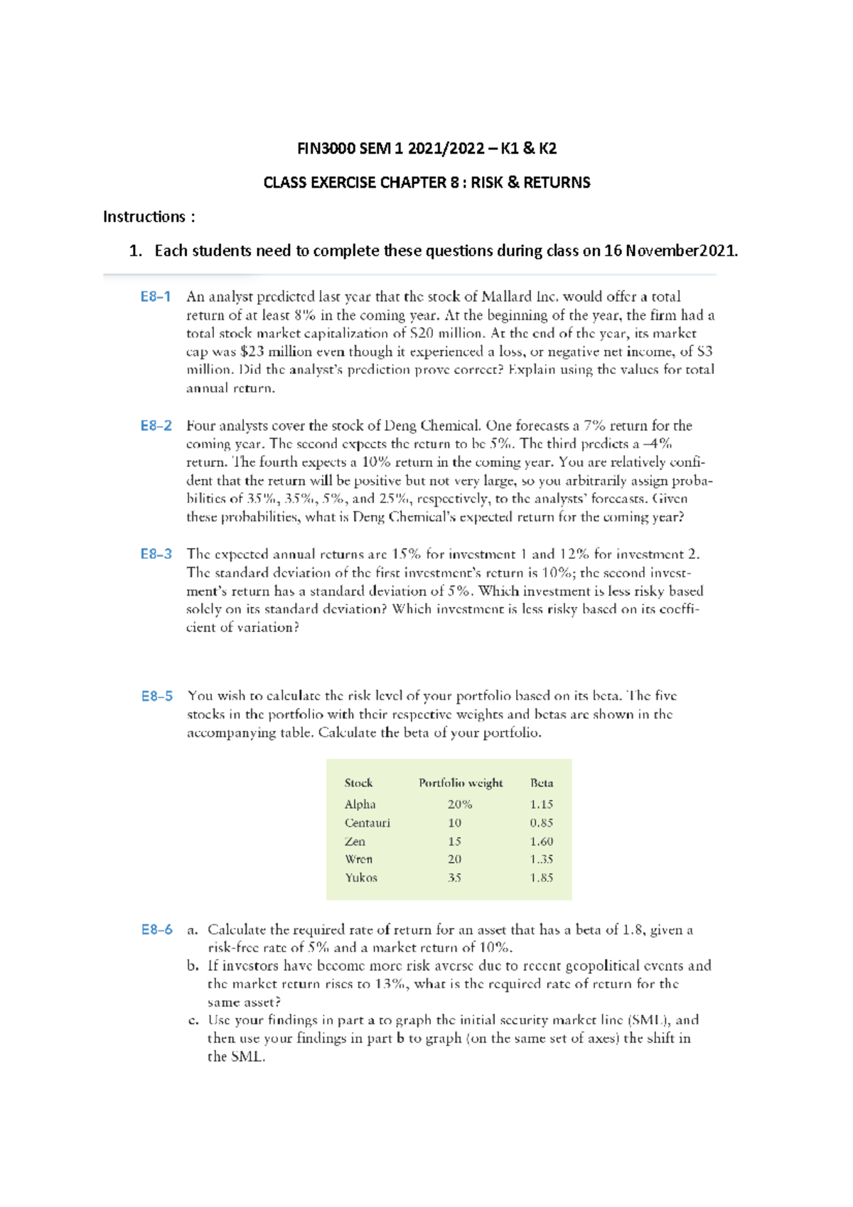 Class Exercise Chapter 8 - FIN3000 SEM 1 2021/2022 – K1 & K CLASS ...