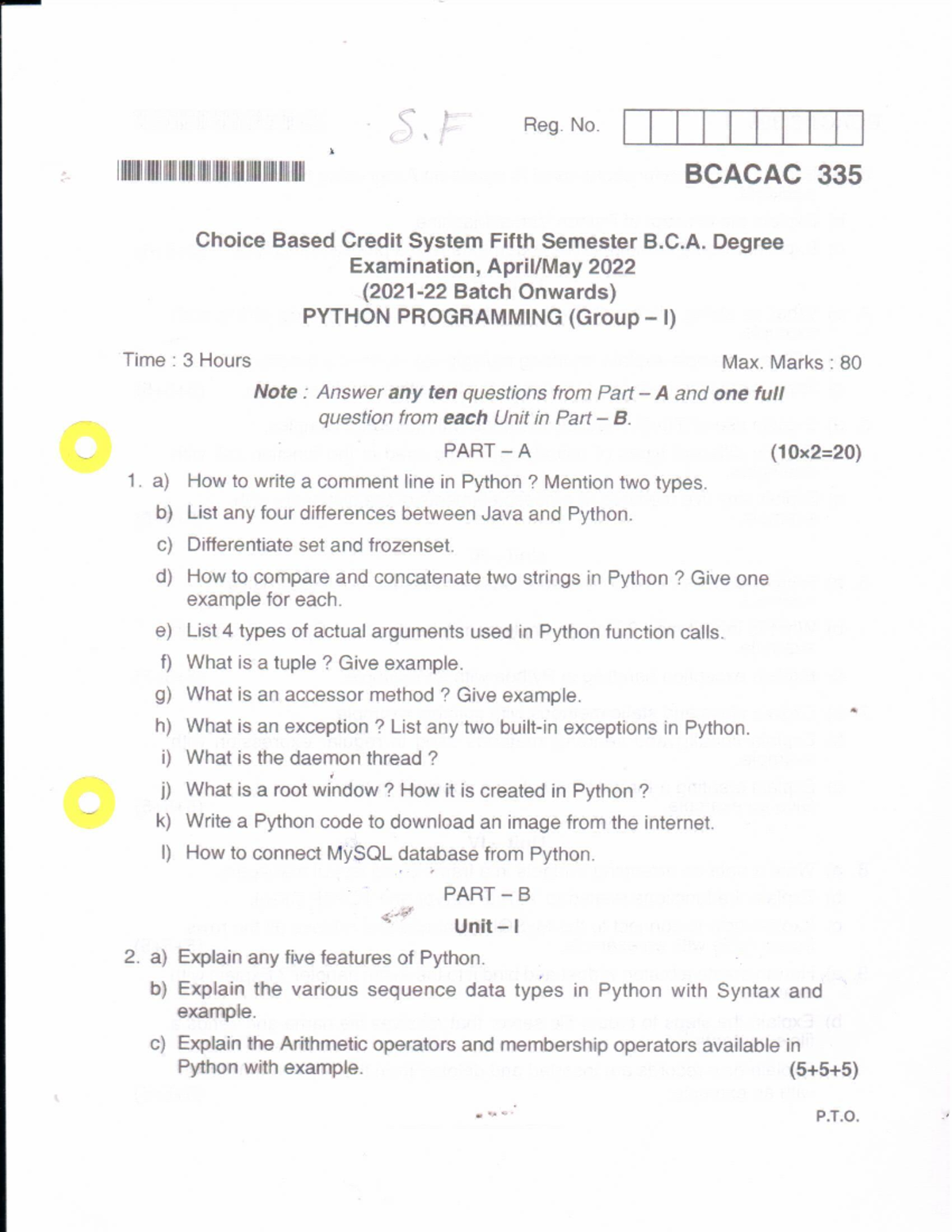 BCA V Semester Python Programming April 2022 - S Reg. No. BCACAC 335 ...