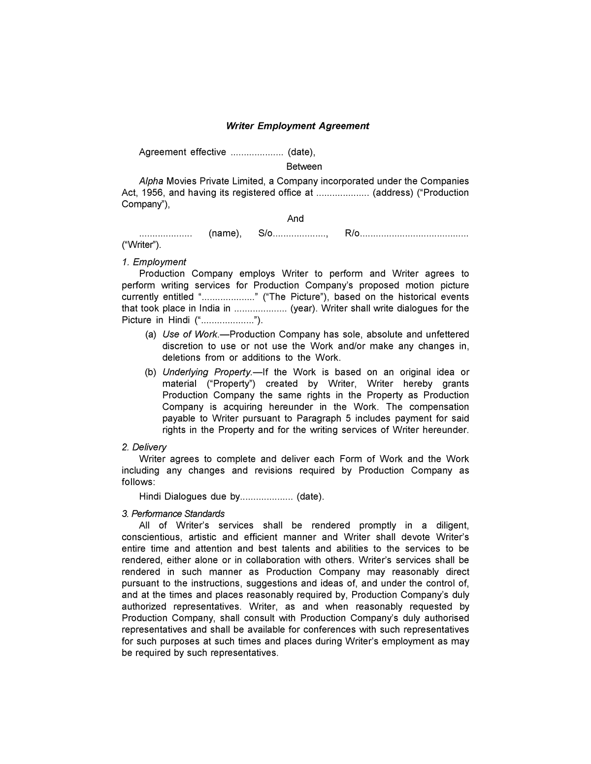 Writer Employment Agreement - Writer Employment Agreement Agreement ...