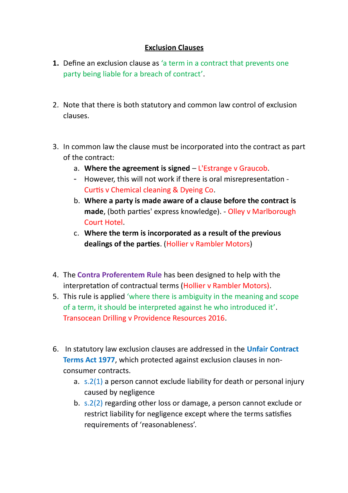 law-of-contract-revision-summary-on-exclusion-clauses-in-flo-chart