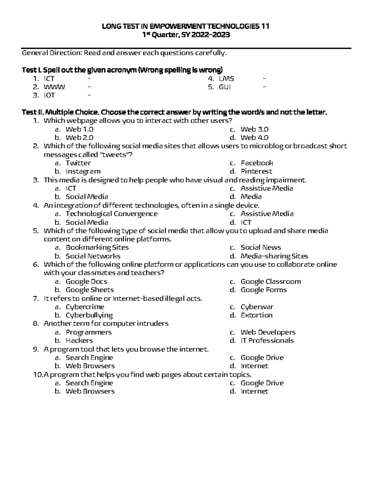 Long Test W1-2-Empowerment Technologies - LONG TEST IN EMPOWERMENT ...