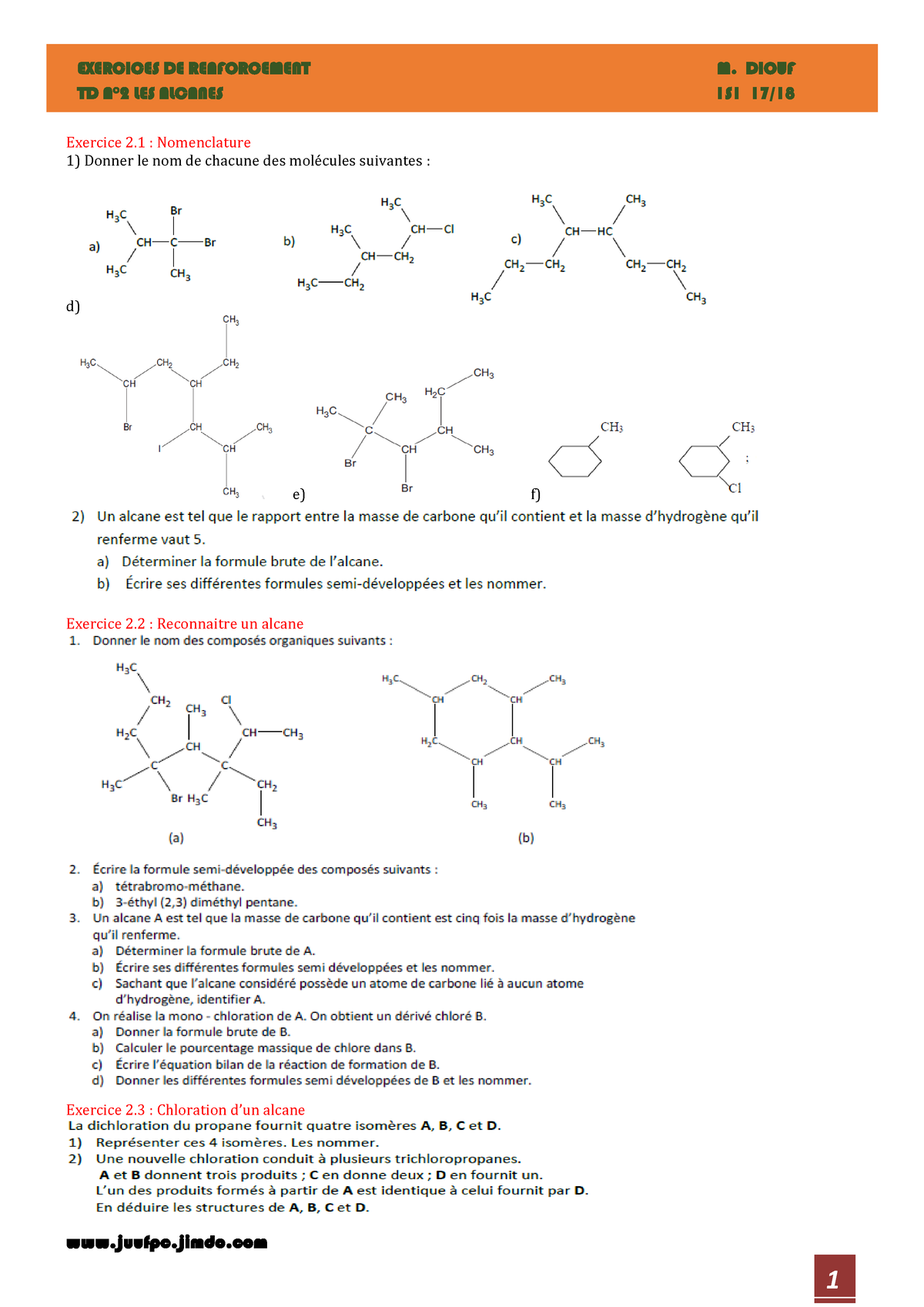 Serie 2 Alcanes 1S1 - Exercices - EXERCICES DE RENFORCEMENT M. DIOUF TD ...