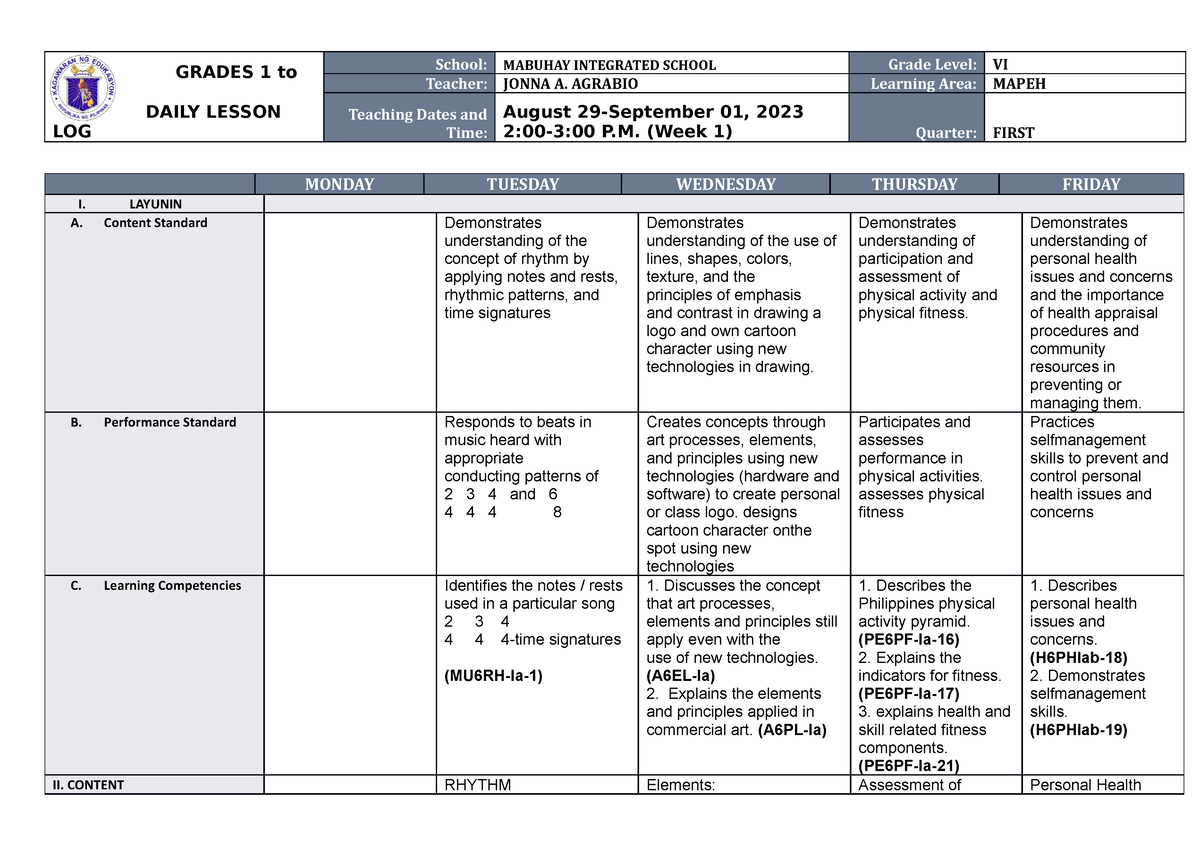 DLL Mapeh 6 Q1 W1 - A GUIDE FOR TEACHER - GRADES 1 To 12 DAILY LESSON ...