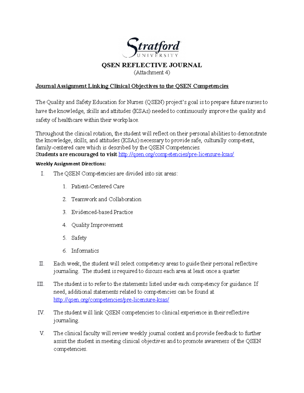 Reflective Journal Entry Guidelines QSEN REFLECTIVE JOURNAL (Attachment 4) Journal Assignment